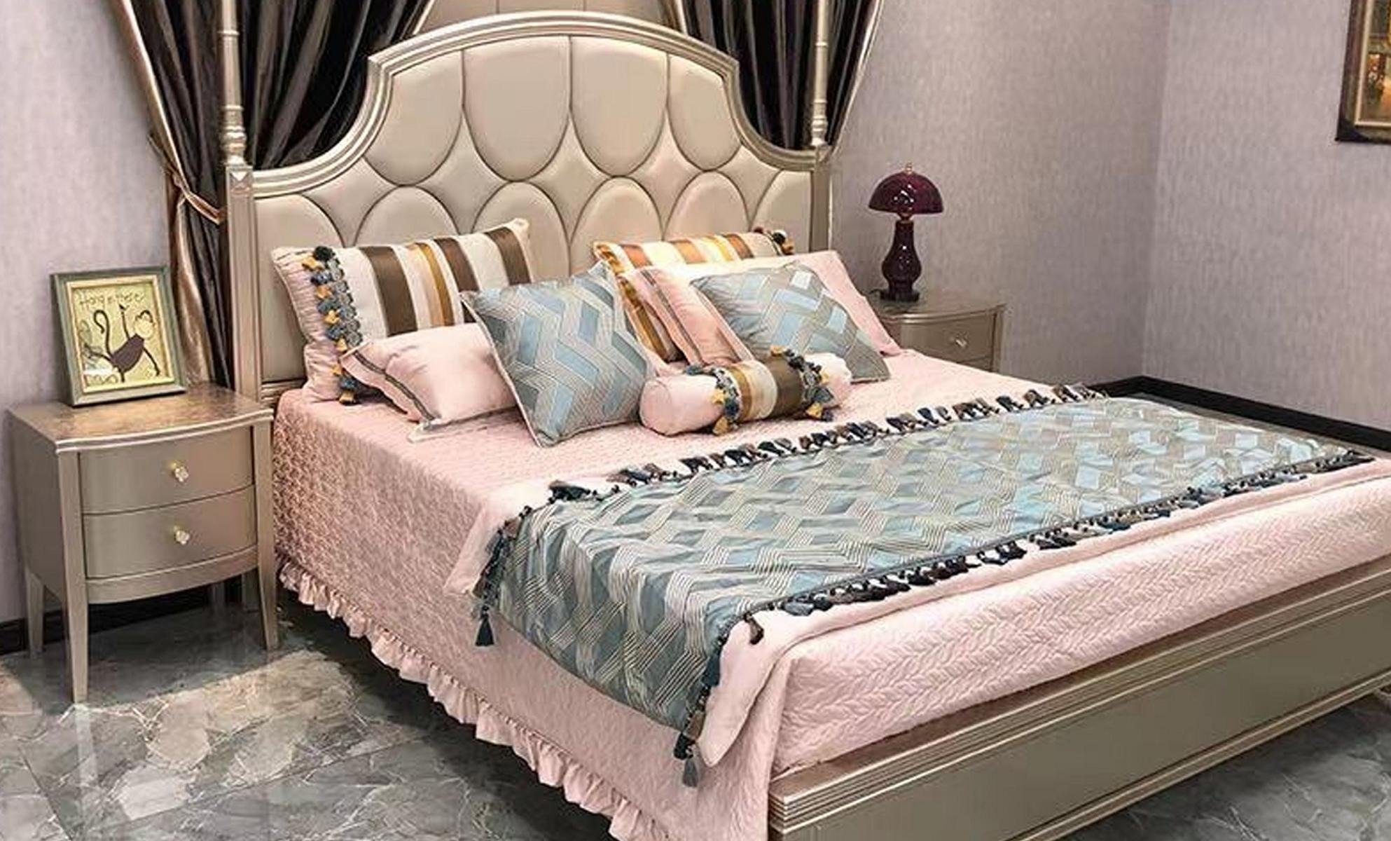 Beige Luxus Bett, Holz Bettgestelle Betten JVmoebel Bett Doppelbett Bettrahmen