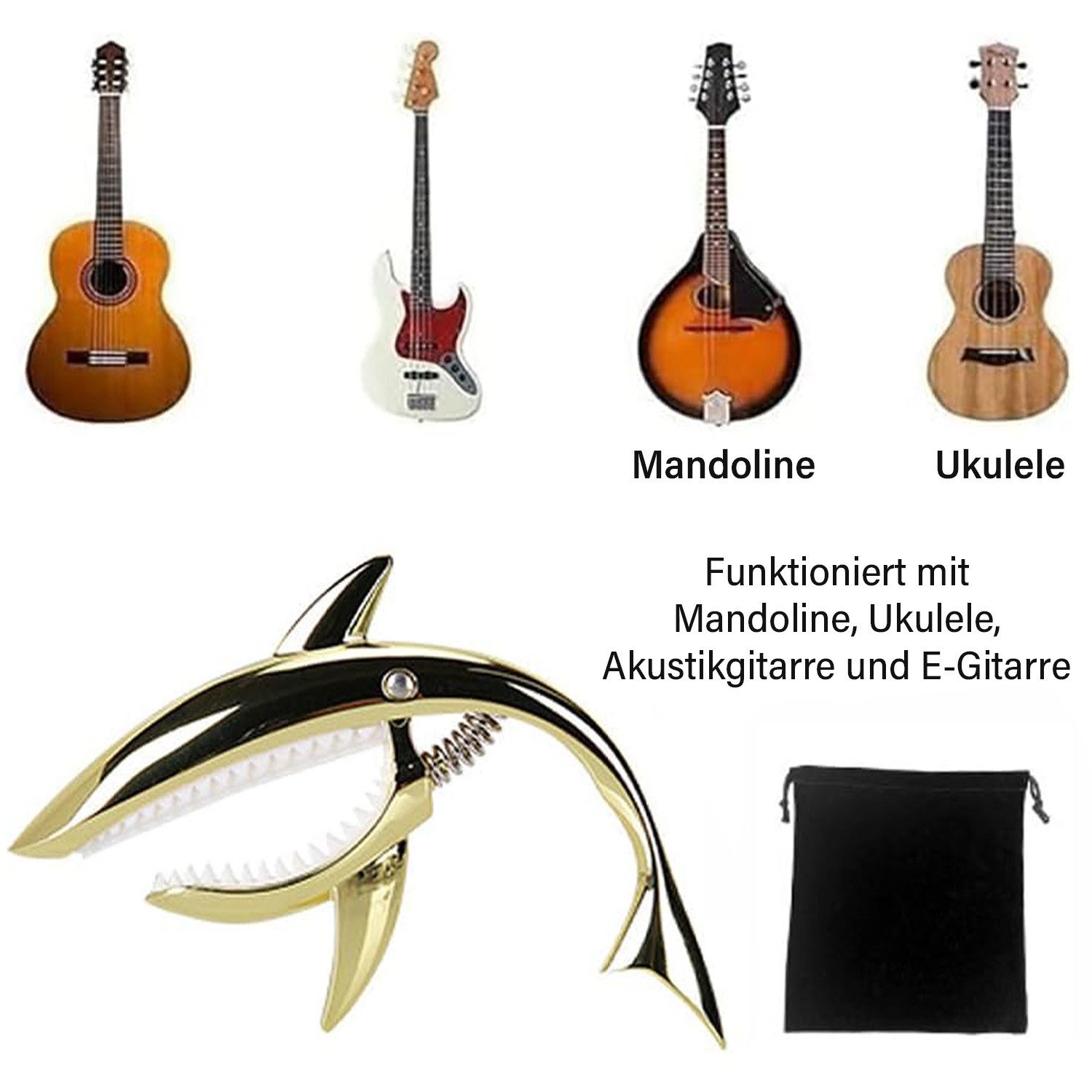 MOPUEA Westerngitarre Gitarrenkapodaster Haifischform Silikonpad für Westerngitarre&E-Gitarr, Gitarren-Zubehör-Set, ideal für Gitarren und Saiteninstrumente, 1-St., Capo mit Silikonpolstern, 10Plektren (0,46 mm) und Aufbewahrungsbeutel, Hohe Qualität, einfache Handhabung, langlebige Materialien