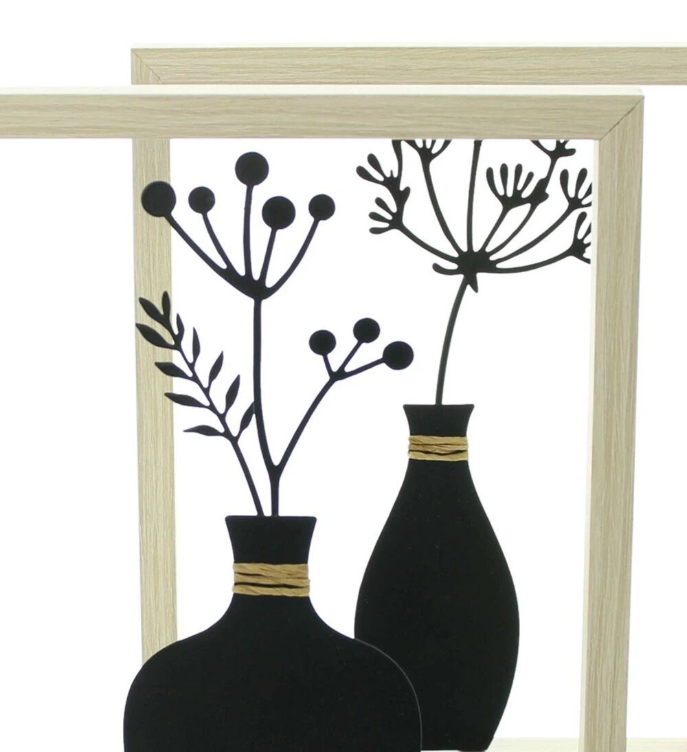 Home-trends24.de Wanddekoobjekt Vase Metall Wandbild Wand Deko Holz Rahmen 2er Set schwarz (2 St)