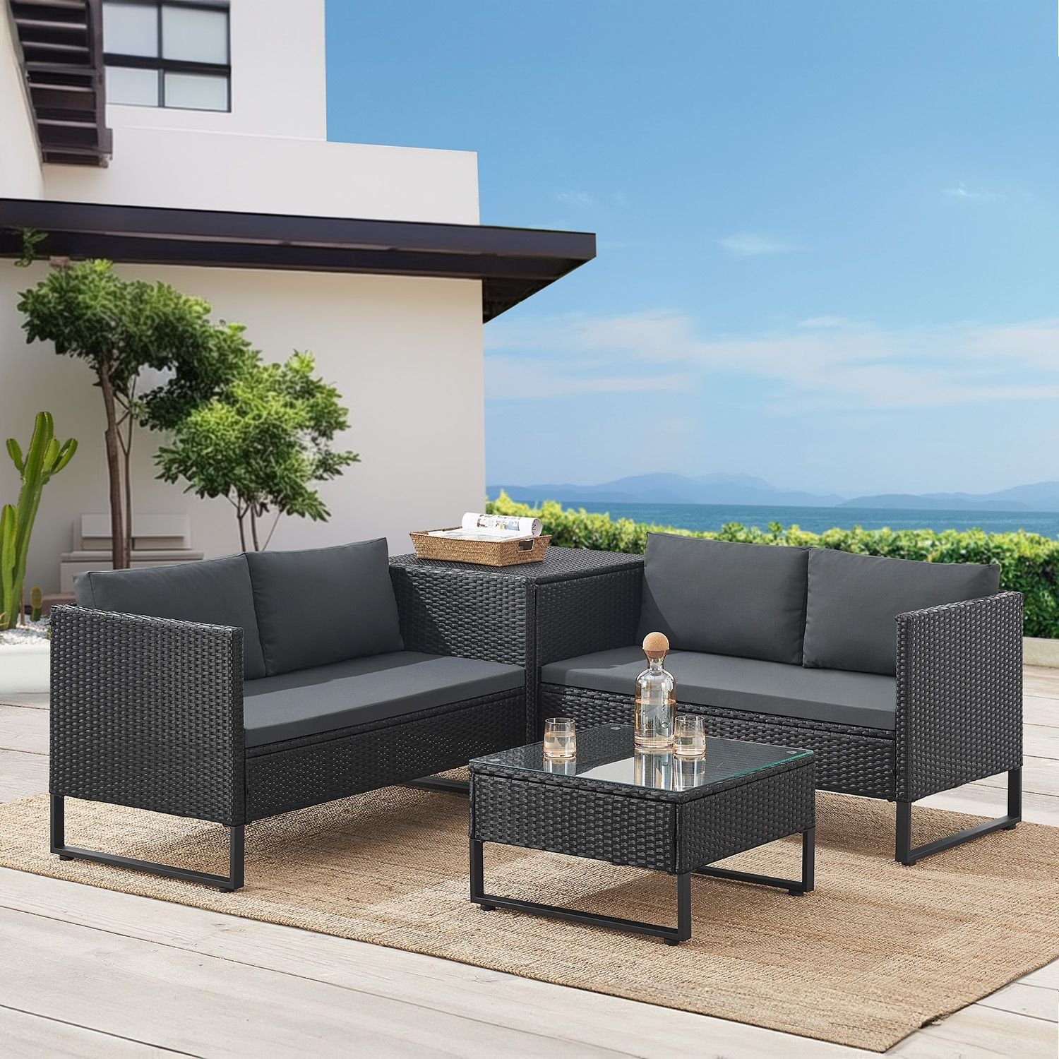 Juskys Gartenlounge-Set Santorini, (4-tlg), Polyrattan Sitzgruppe mit Beistelltisch & Auflagenbox, wetterfest
