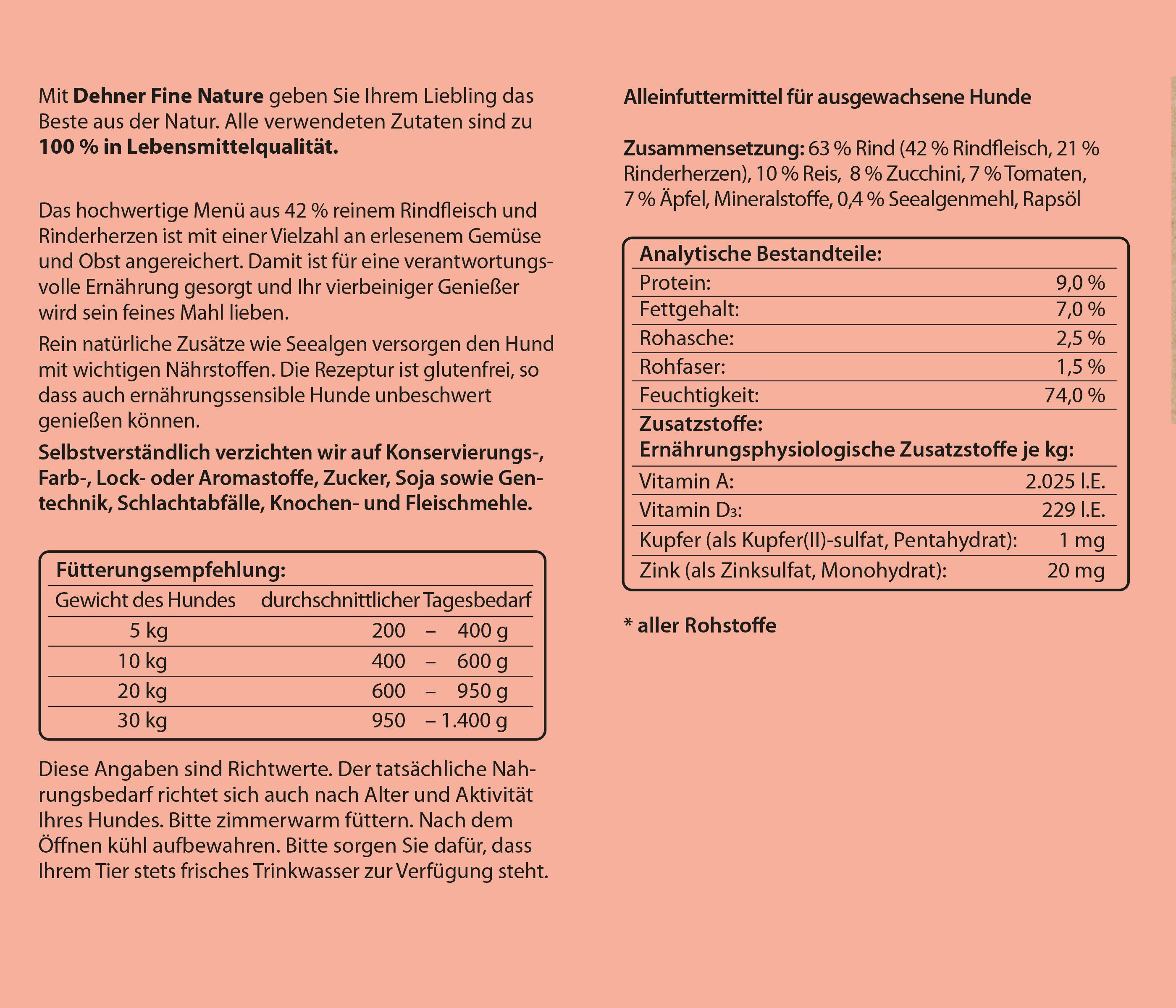 Dehner Fine Nature Adult Rind / Reis / Zucchini, 6 x 200 / 400 / 800 g Dose Rind, Nassfutter für: Hunde, Nassfutter für ausgewachsene Hunde