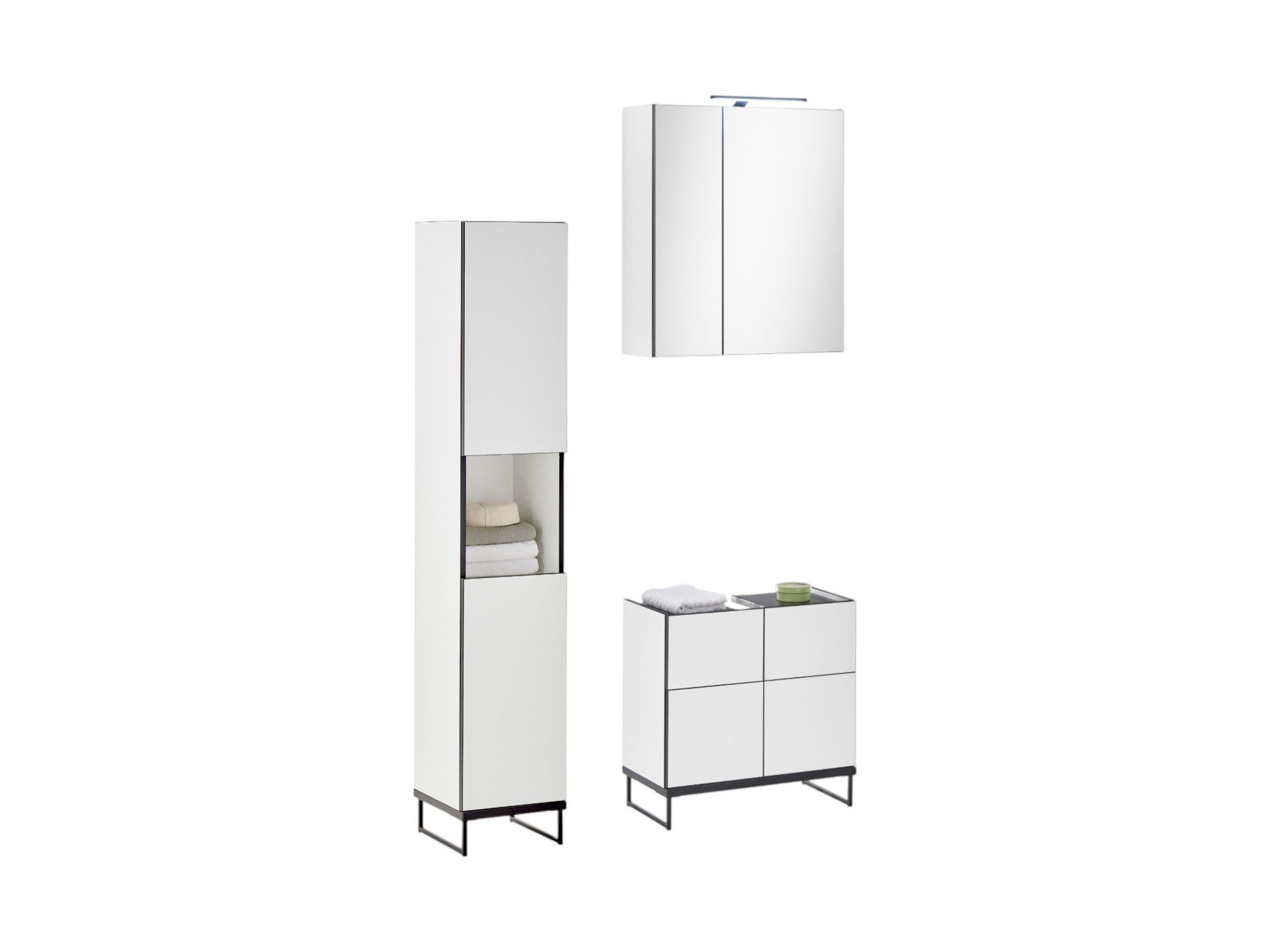 moebel-dich-auf Badmöbel-Set VENEZIA, (Set 2, 3-St., Hochschrank, Spiegelschrank, Waschbeckenunterschrank), weiß matt, Absetzung: schwarz