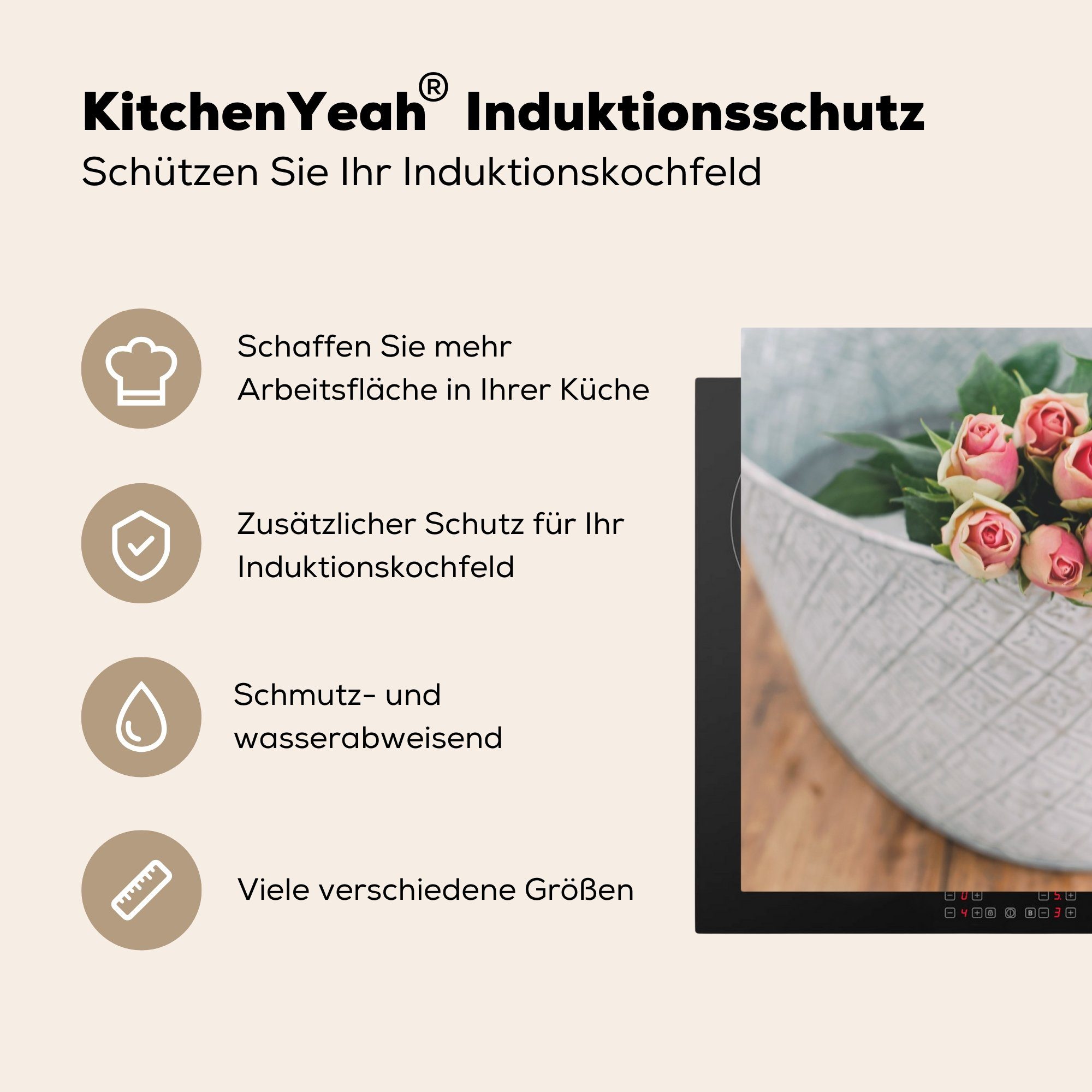 MuchoWow Herdblende-/Abdeckplatte Rosen - Blumen - Vinyl, 81x52 küche, cm, Schutz tlg), (1 die Korb, Induktionskochfeld für Ceranfeldabdeckung