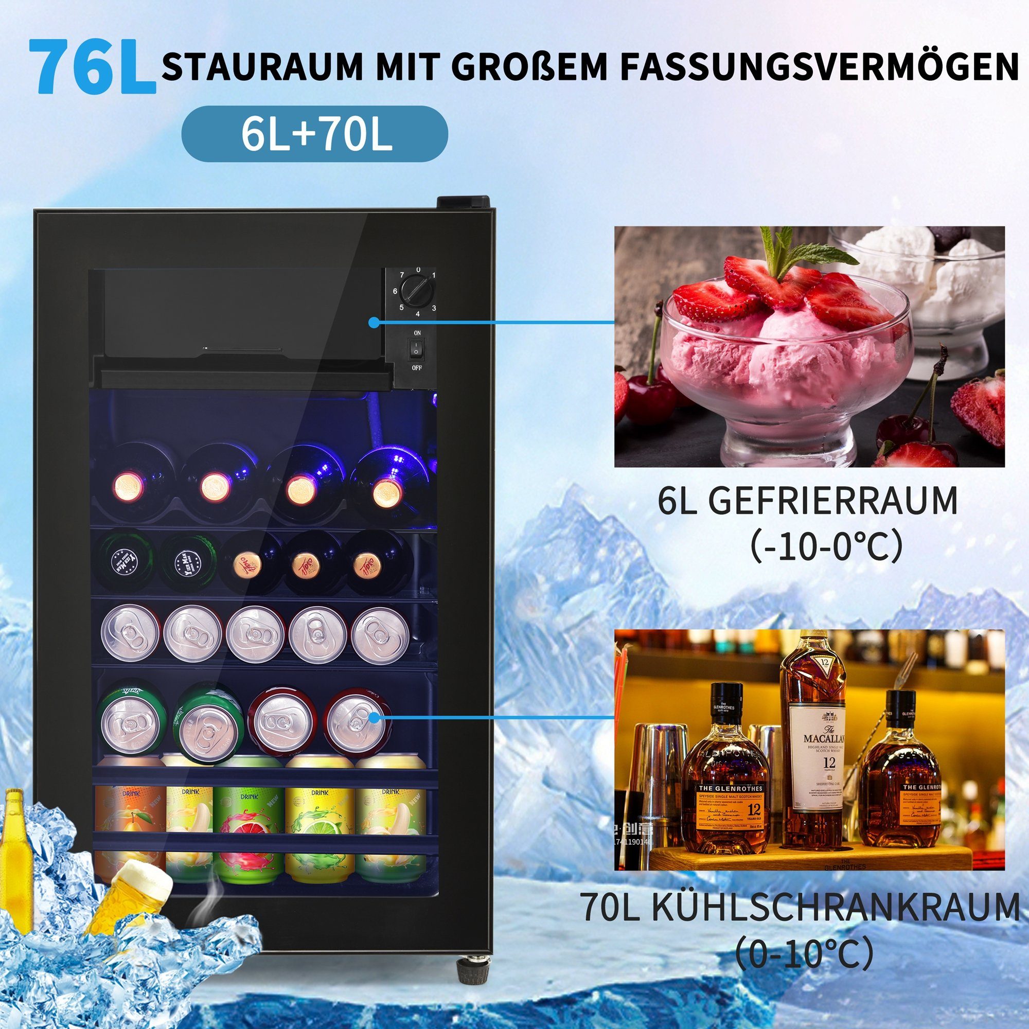 Ulife Getränkekühlschrank SC-76A, 71.6 cm 6L, höhenverstellbare cm Gefrierfach 40 Energieklasse breit, F 70L, Füße, hoch, Kühlfach