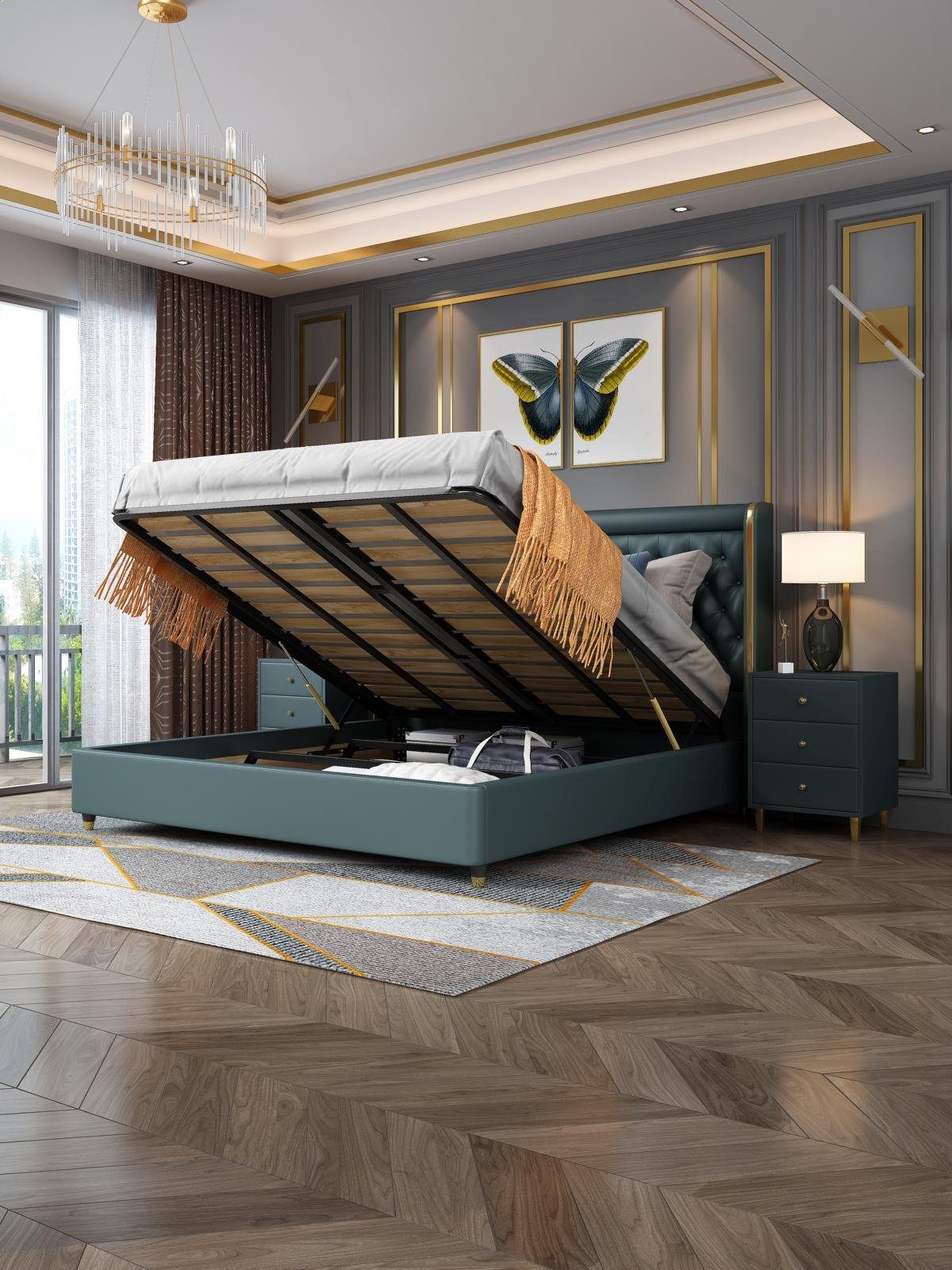 Landhaus Bett Betten JVmoebel Klassisches Echtes Doppelbett Bett, Holz Grün Stil