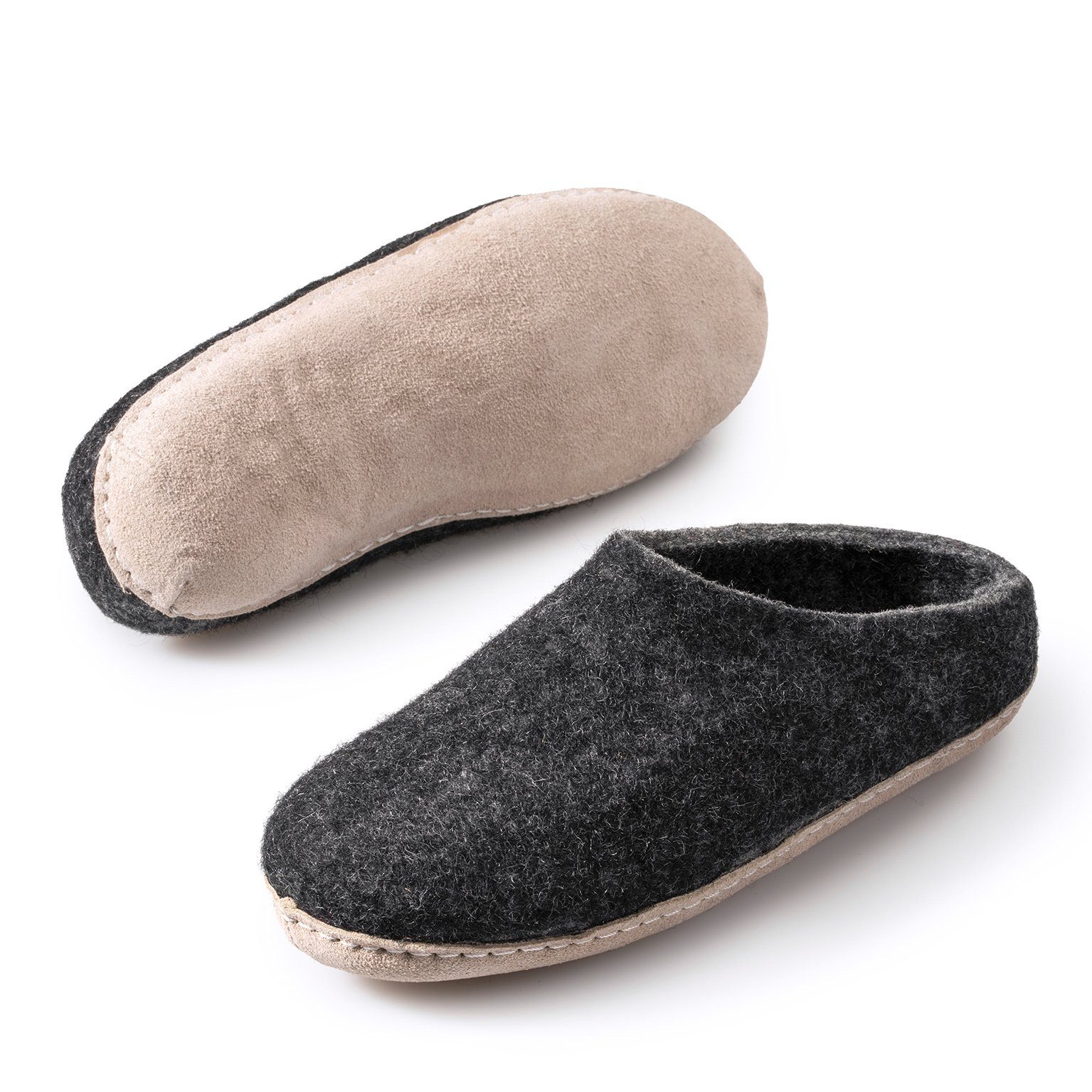 naturling Filz Damen Pantoffel Hausschuh (mit bequemer) Ledersohle