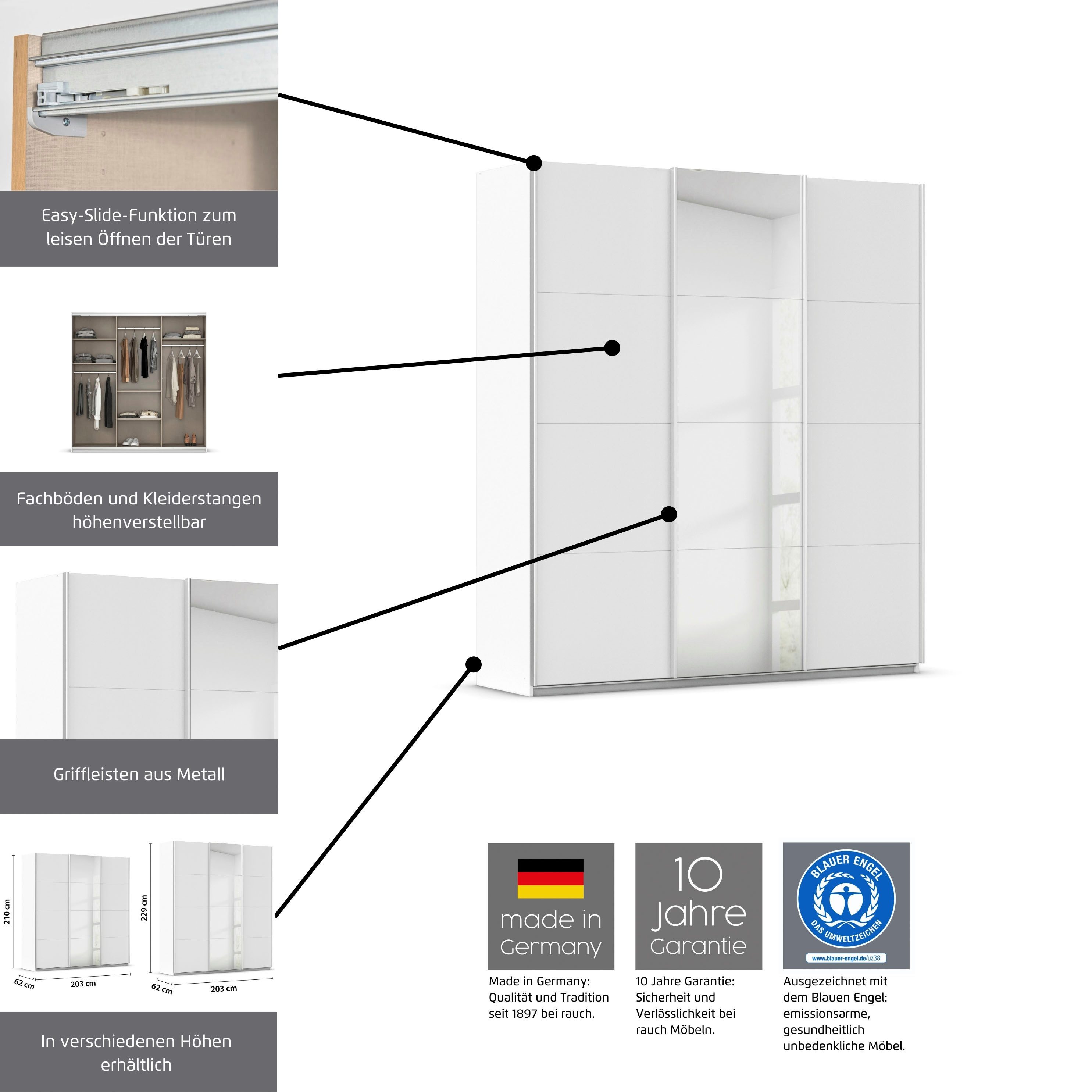 OTTO home Schwebetürenschrank Kleiderschrank Schrank Garderobe AGORDO mit Glasfront (Breiten 203/271/315/360 cm, Höhen 210/229 cm) durchdachte Innenausstattung, in 4 Breiten und 2 Höhen MADE IN GERMANY