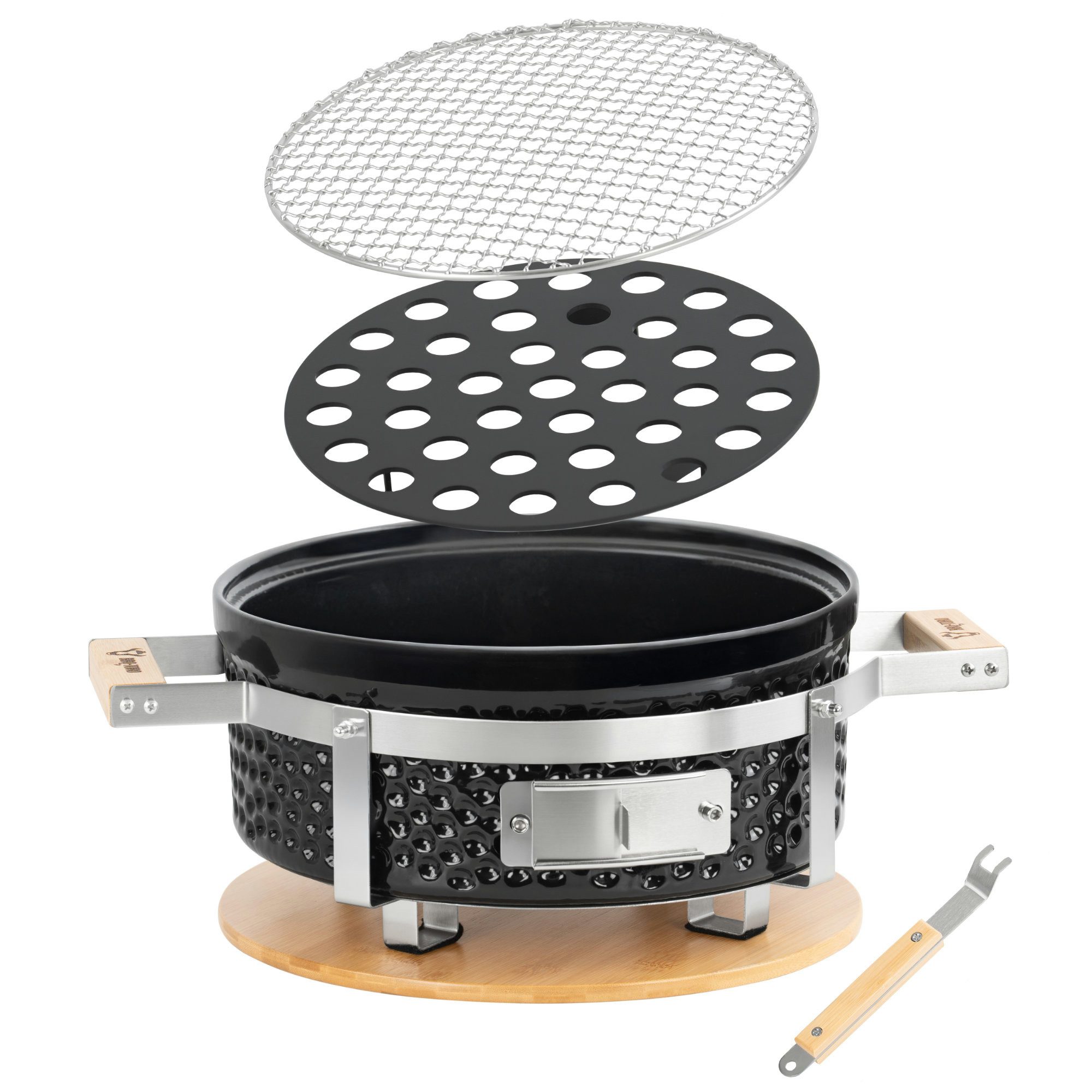 BBQ-Toro Tischgrill Keramik Tischgrill Rund, Ø 29,5 cm, Japanischer Grill mit Holzunterlag, Optimale Hitzespeicherung durch dickwandige Keramikhülle