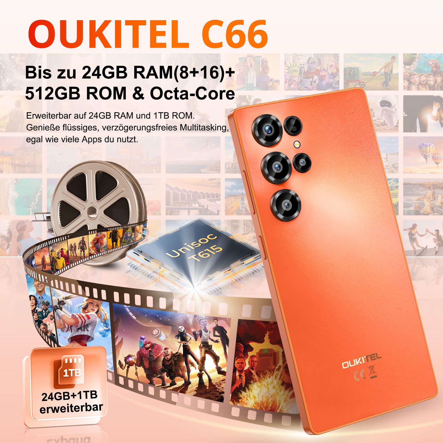 OUKITEL C66 Handy Ohne Vertrag Android 16 Smartphone (17,09 cm/6.73 Zoll, 512 GB Speicherplatz, 64 MP Kamera, 5000mAh, 24(8+16)GB+512GB /1TB, 6.73" HD+ 120Hz, Dual SIM/ OTG/ GPS)