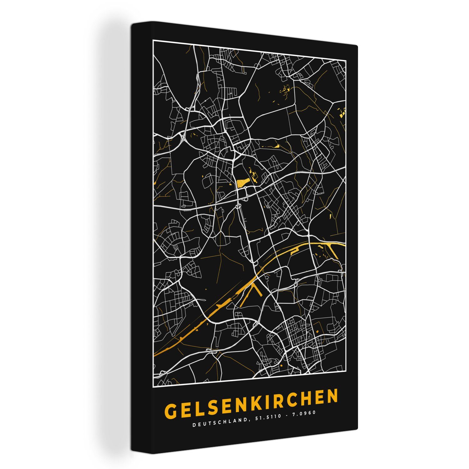 OneMillionCanvasses® Leinwandbild Gelsenkirchen - Karte - Deutschland - Gold - Stadtplan, (1 St), Leinwandbild fertig bespannt inkl. Zackenaufhänger, Gemälde, 20x30 cm