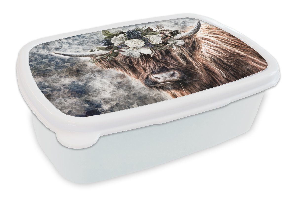 MuchoWow Lunchbox Schottische Highlander - Blumen - Nebel, Kunststoff, (2-tlg), Brotbox für Kinder und Erwachsene, Brotdose, für Jungs und Mädchen weiß