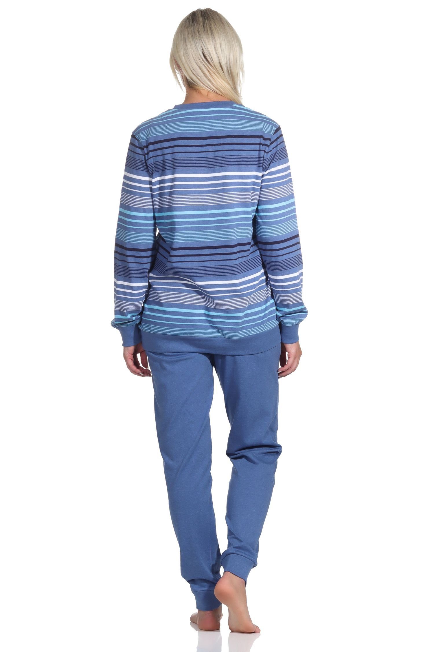 in Bündchen Streifenoptik Pyjama Pyjama mit Normann Damen langarm Schlafanzug blau-melange