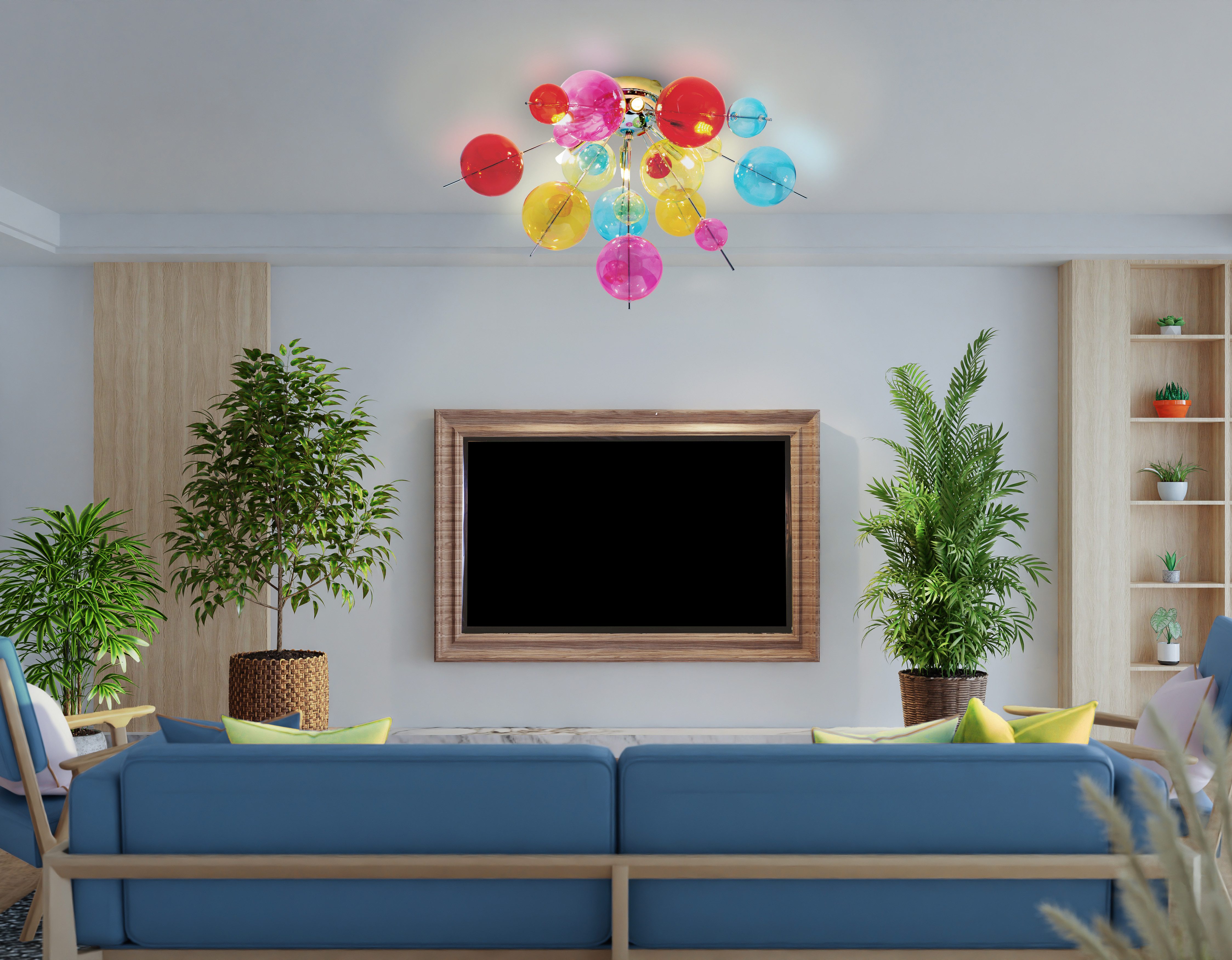 näve Deckenleuchte Explosion, ohne Leuchtmittel, exkl. 6x G9, bunte Glaskugeln, Gestell chromfarben, halbrund, D: 57cm