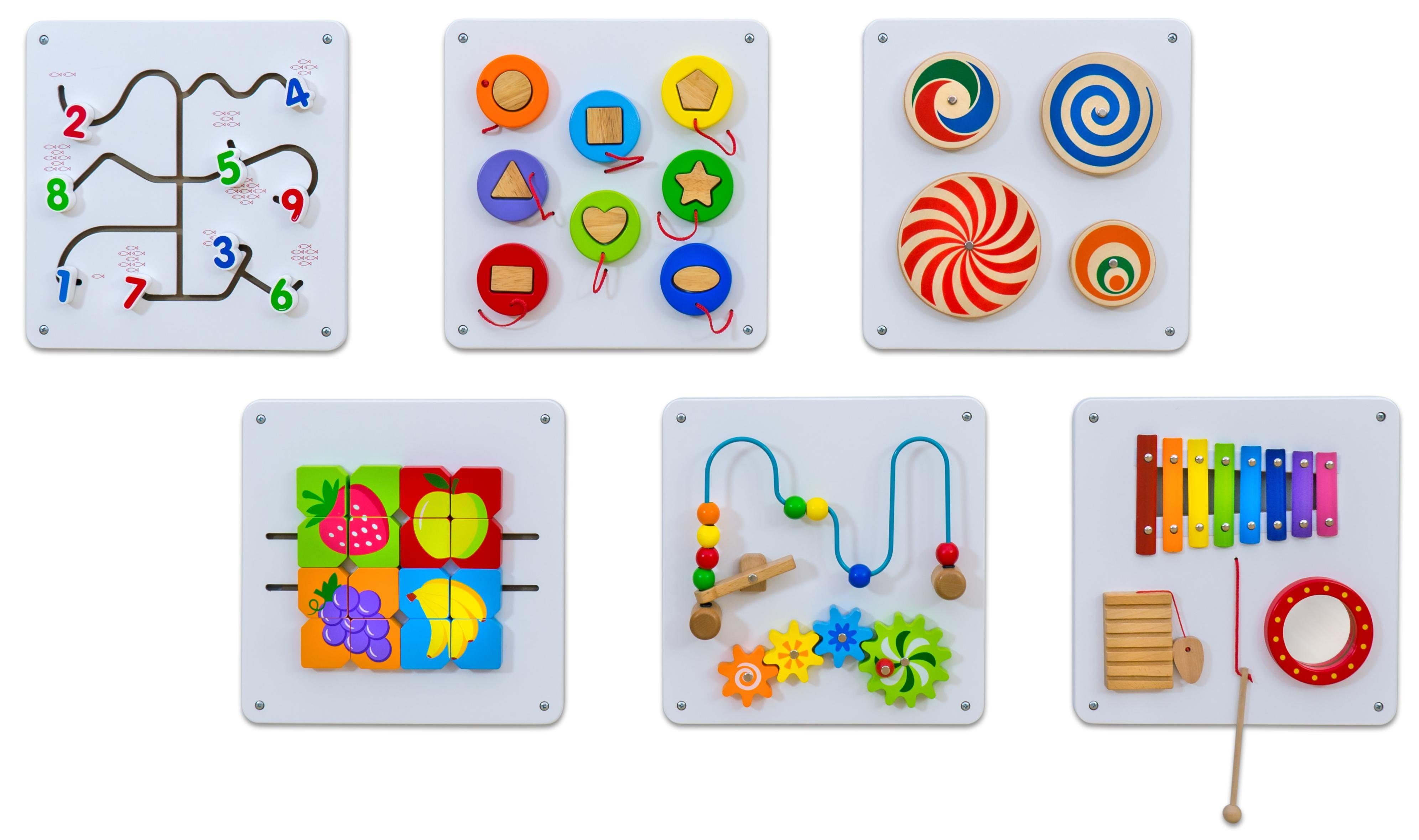 Motorikbrett Wandelemente Set 1, 6er-Set – Holz-Wandspielset für Kinder