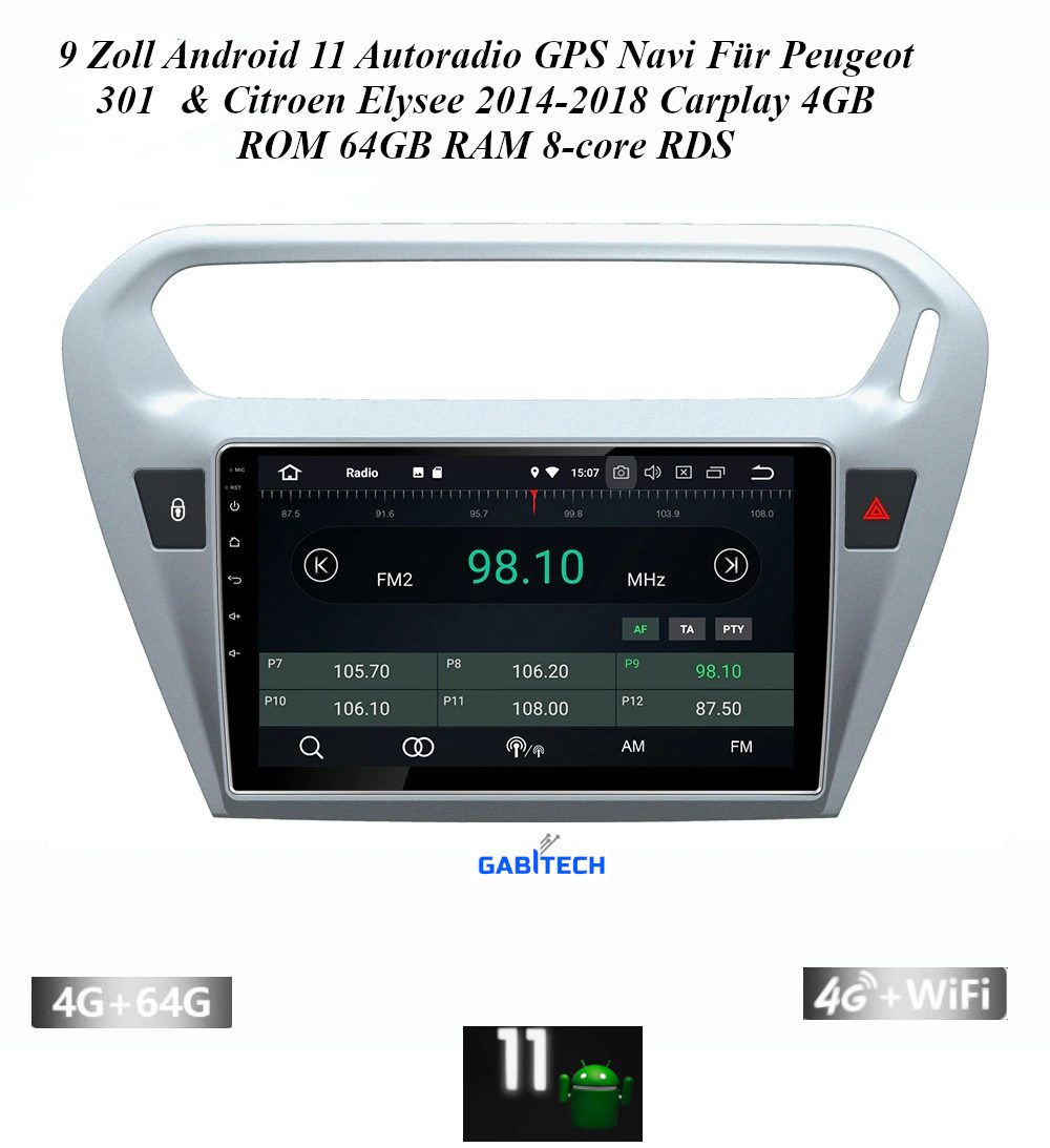 GABITECH 9 Zoll Android 11 Für Peugeot 301 Citroen Elysee Carplay 4GB RAM 64GB Autoradio