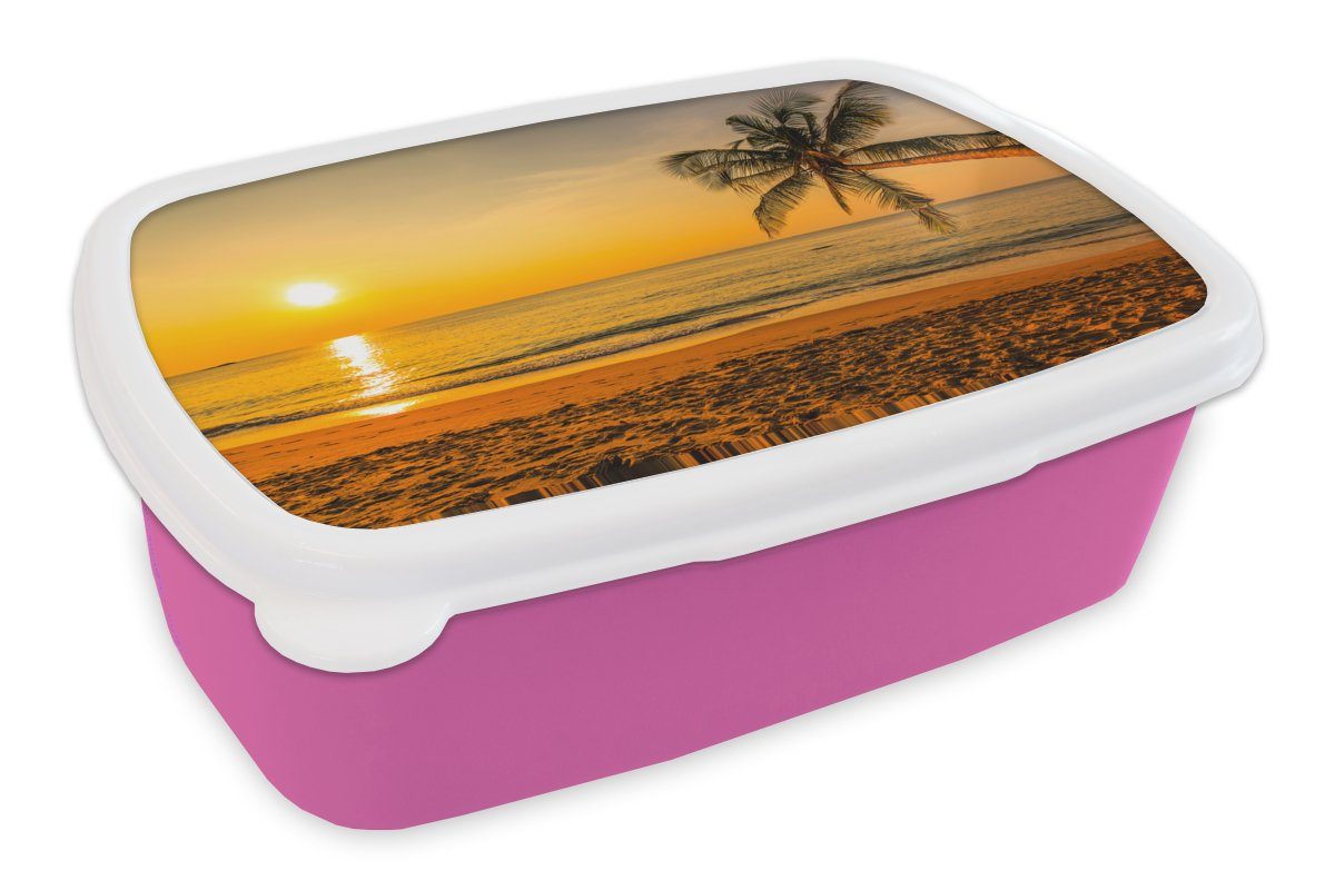 MuchoWow Lunchbox Palme - Strand - Sonnenuntergang - Meer, Kunststoff, (2-tlg), Brotbox für Erwachsene, Brotdose Kinder, Snackbox, Mädchen, Kunststoff rosa