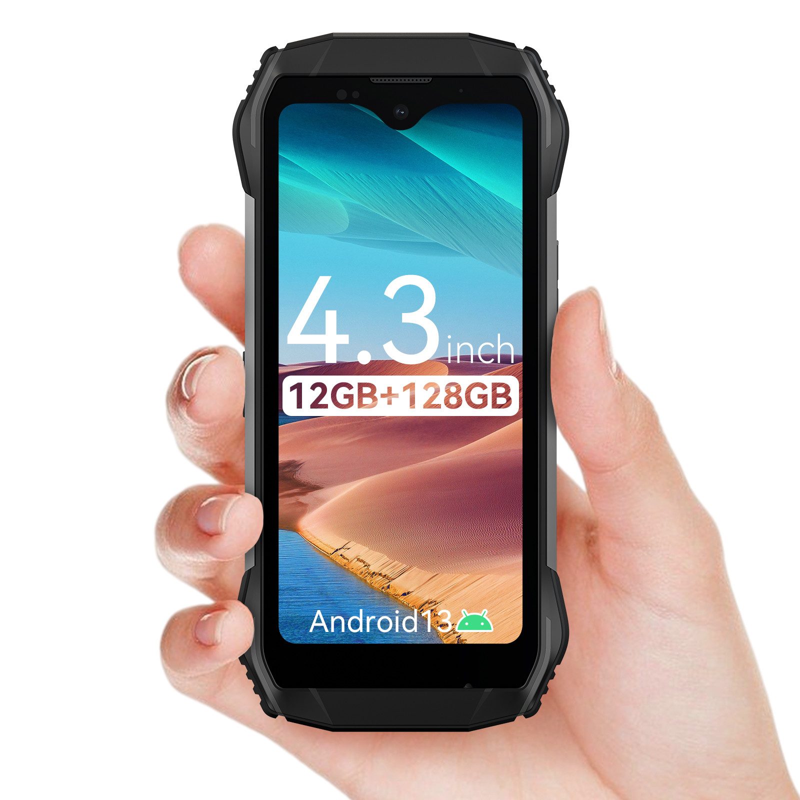 blackview N6000SE Smartphone (4.3 Zoll, 128 GB Speicherplatz, 13 MP Kamera, QHD+ Display, Fingerabdruck, Face ID/GPS/IP69K/NFC, Android 13)