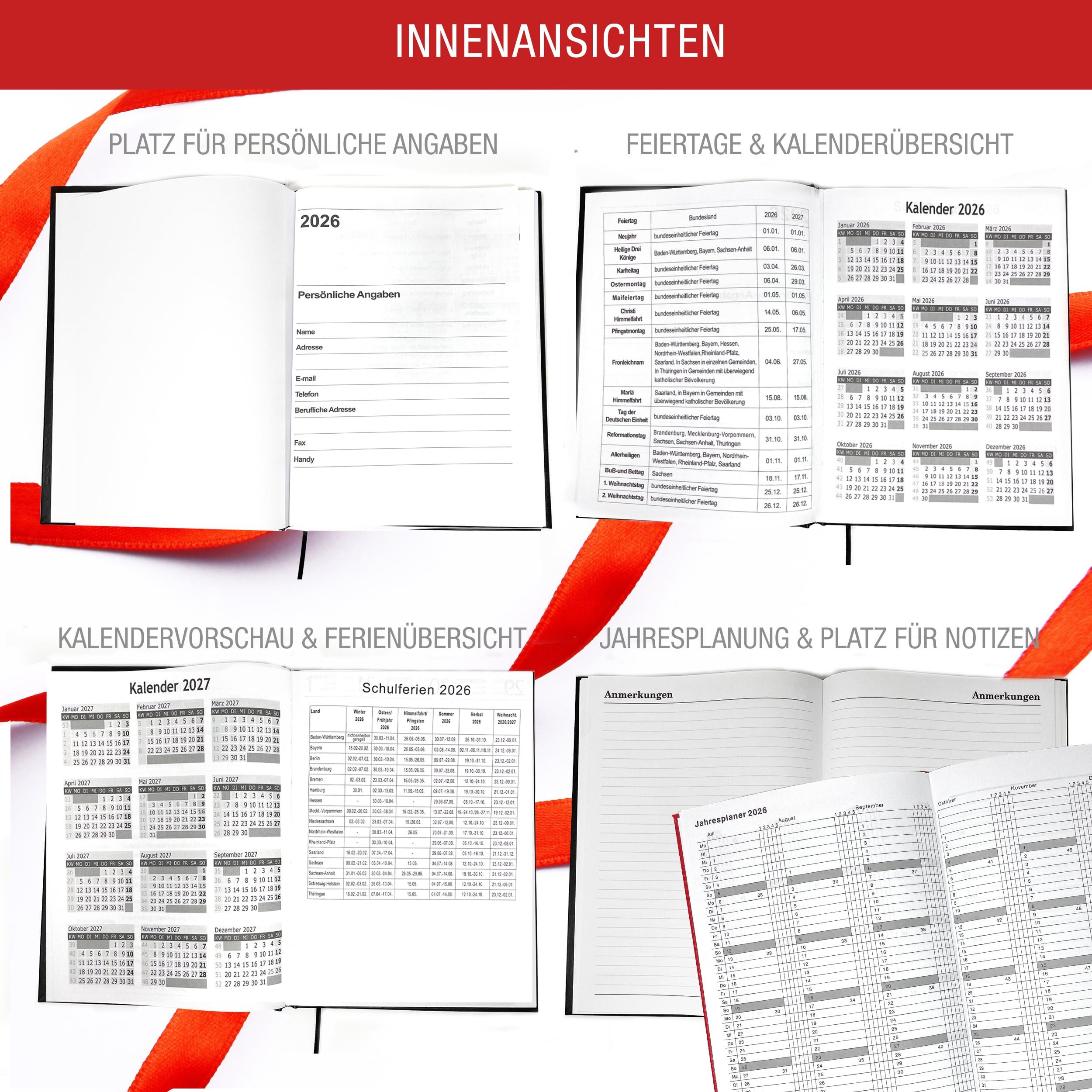 AMLI Buchkalender Buchkalender 2026 A5 1 Tag 1 Seite (Rot), Hochwertiger Hardcover, Softtouch Terminplaner, Kalender Buch 2026