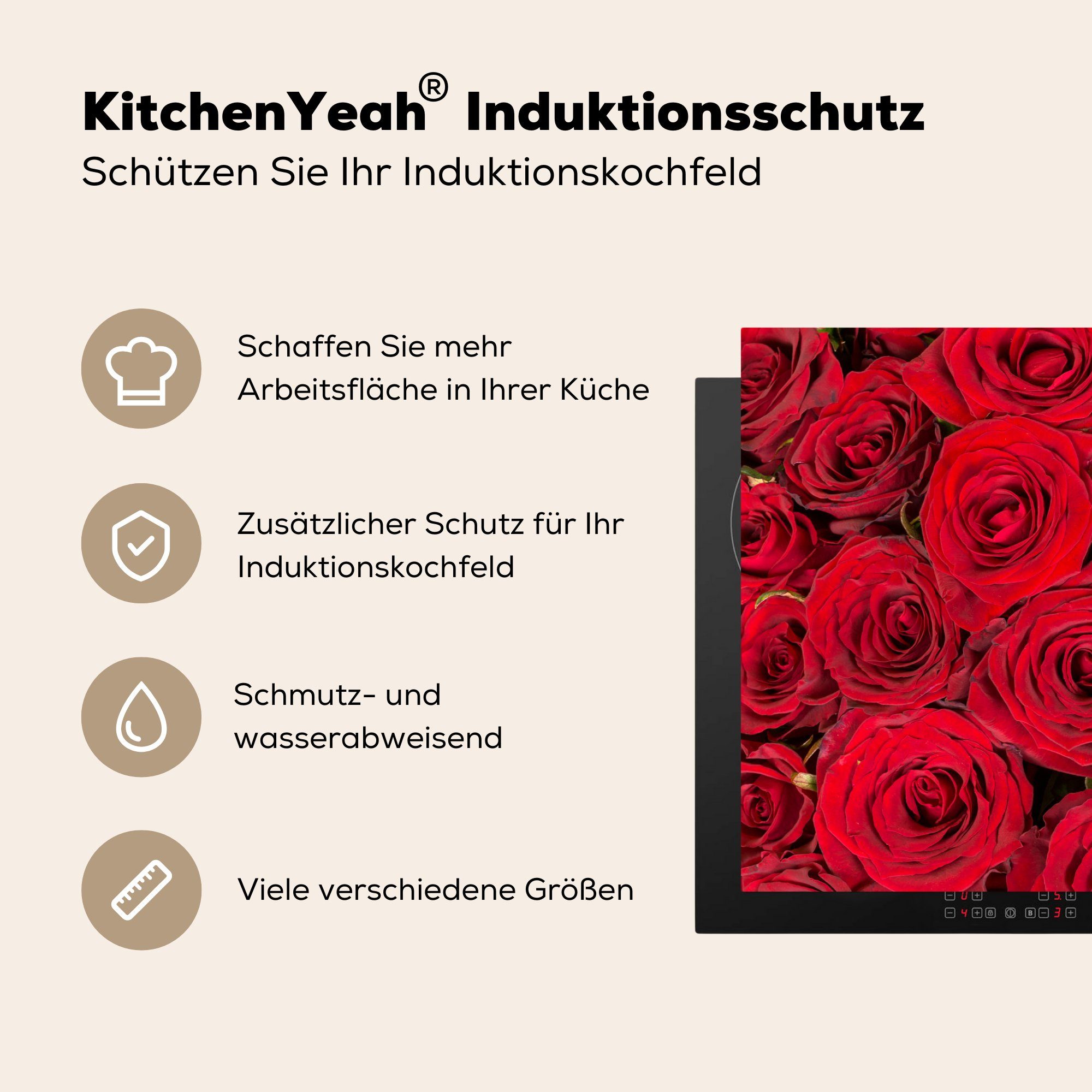 Herdblende-/Abdeckplatte - MuchoWow küche, die Blumenstrauß, cm, tlg), - Schutz Vinyl, Rot für (1 Induktionskochfeld 81x52 Rosen Ceranfeldabdeckung