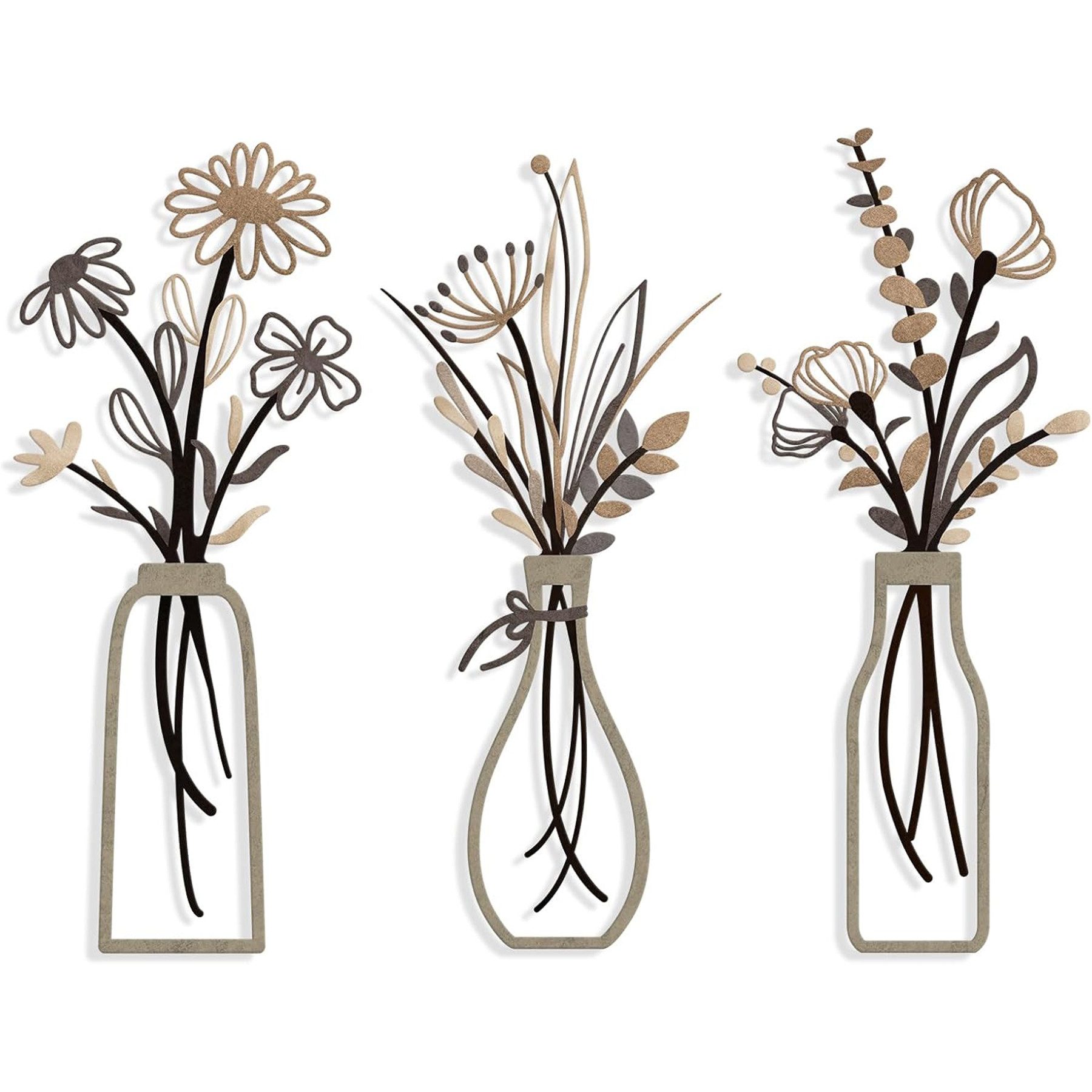 Mutig Wanddekoobjekt 3 Stück Metall Blumen Wanddekoration, Bunte Metall Blumen Wandskulptur (Minimalistische Vase Wandkunst, 35 x 15 cm), für Terrasse Wohnzimmer Badezimmer Schlafzimmer Esszimmer Dekorationen