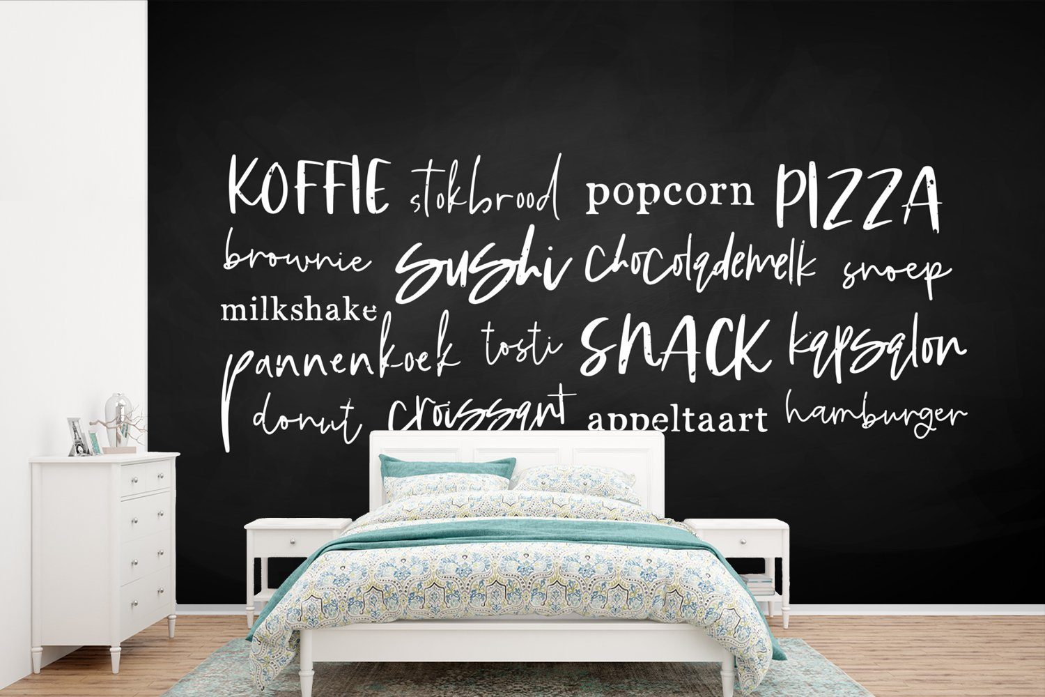MuchoWow Fototapete Küche - Lebensmittel - Kalligraphie, Matt, bedruckt, (6 St), Wallpaper für Wohnzimmer, Schlafzimmer, Kinderzimmer, Vinyl Tapete