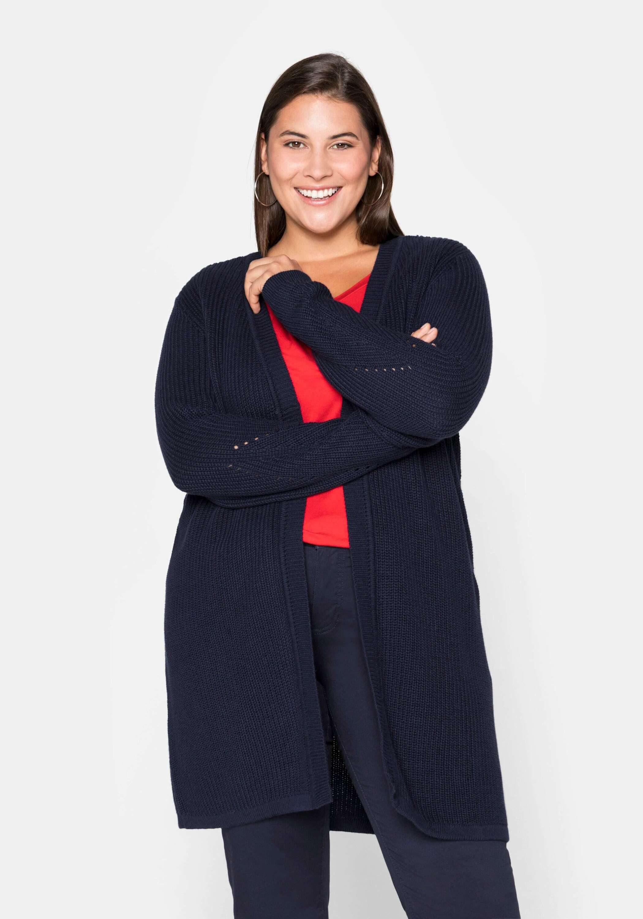 Sheego Strickjacke Longstrickjacke Langarm aus Grobstrick, in offener Form