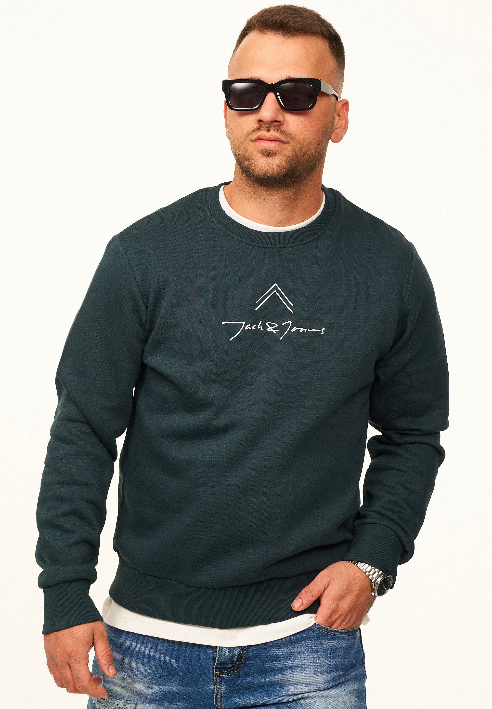 Jack & Jones Sweatshirt Pullover - Rundhalspullover mit Crew-Neck im Regular Fit für Herren Männer Sweatpullover mit Print aus Baumwollmischung