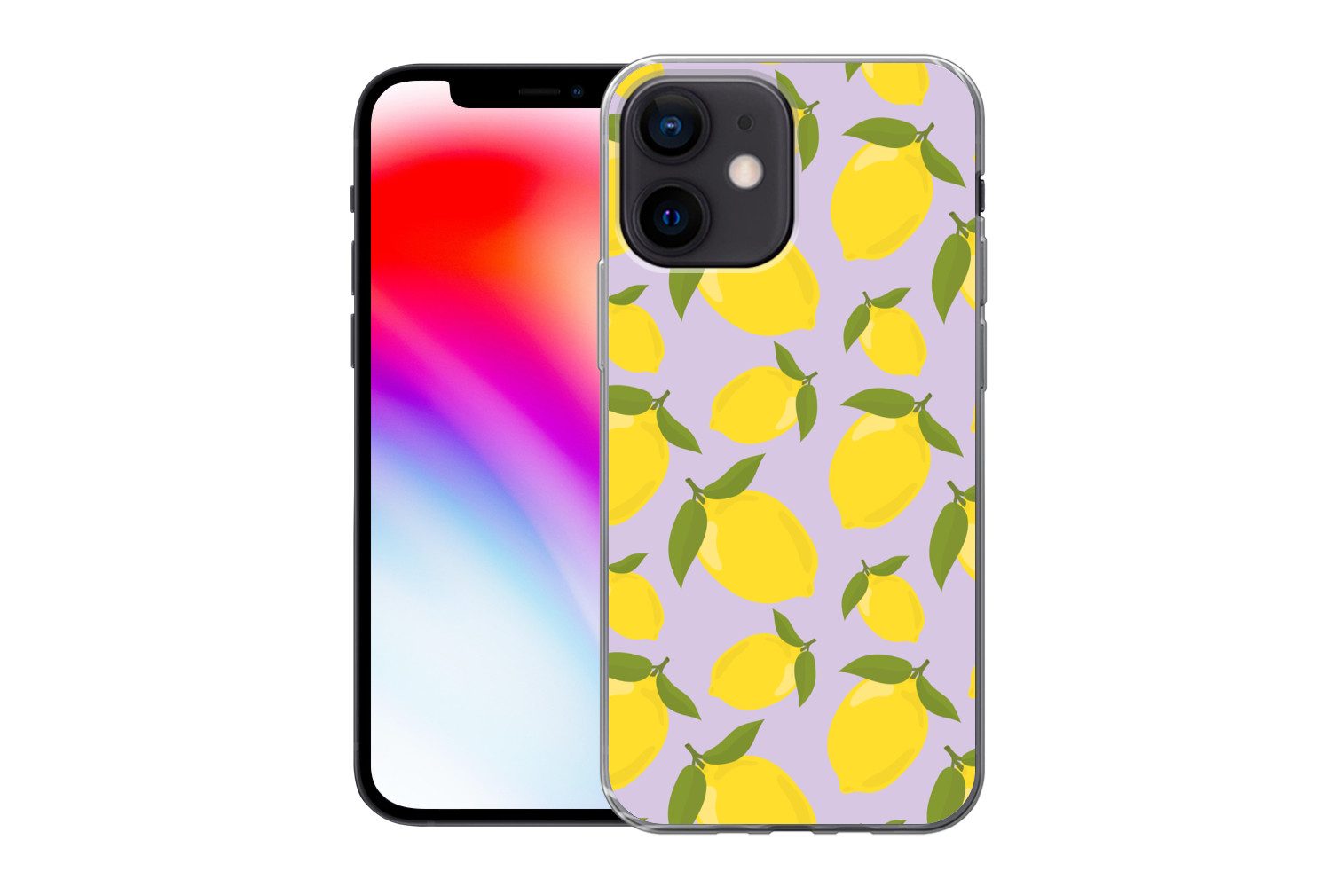MuchoWow Handyhülle für Apple iPhone 12 mini Muster Zitronen - Gelb - Lila - Muster - Früc, Smartphone-Bumper, Print, Handy Schutzhülle Dünn