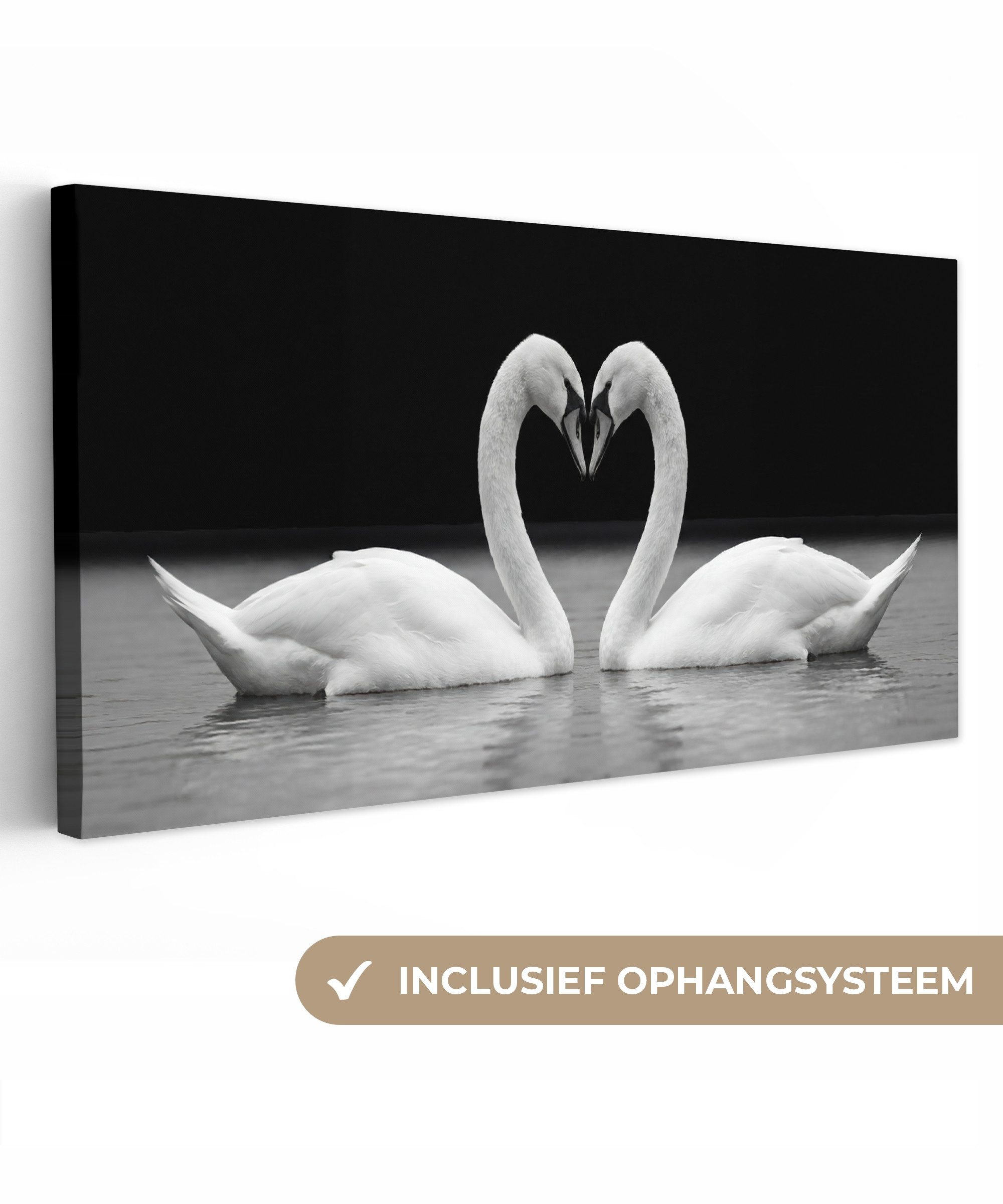 OneMillionCanvasses® Leinwandbild Panorama Schwäne - Herz - Schwarz - Weiß, Fotodruck (1 St), Wandbild, Deko Schlafzimmer Wohnzimmer Flur 40x20 cm