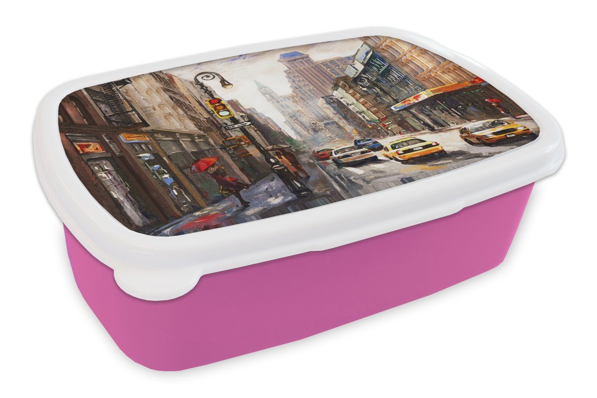 MuchoWow Lunchbox Gemälde - Stadt - Auto - Öl, Kunststoff, (2-tlg), Brotbox für Erwachsene, Brotdose Kinder, Snackbox, Mädchen, Kunststoff rosa
