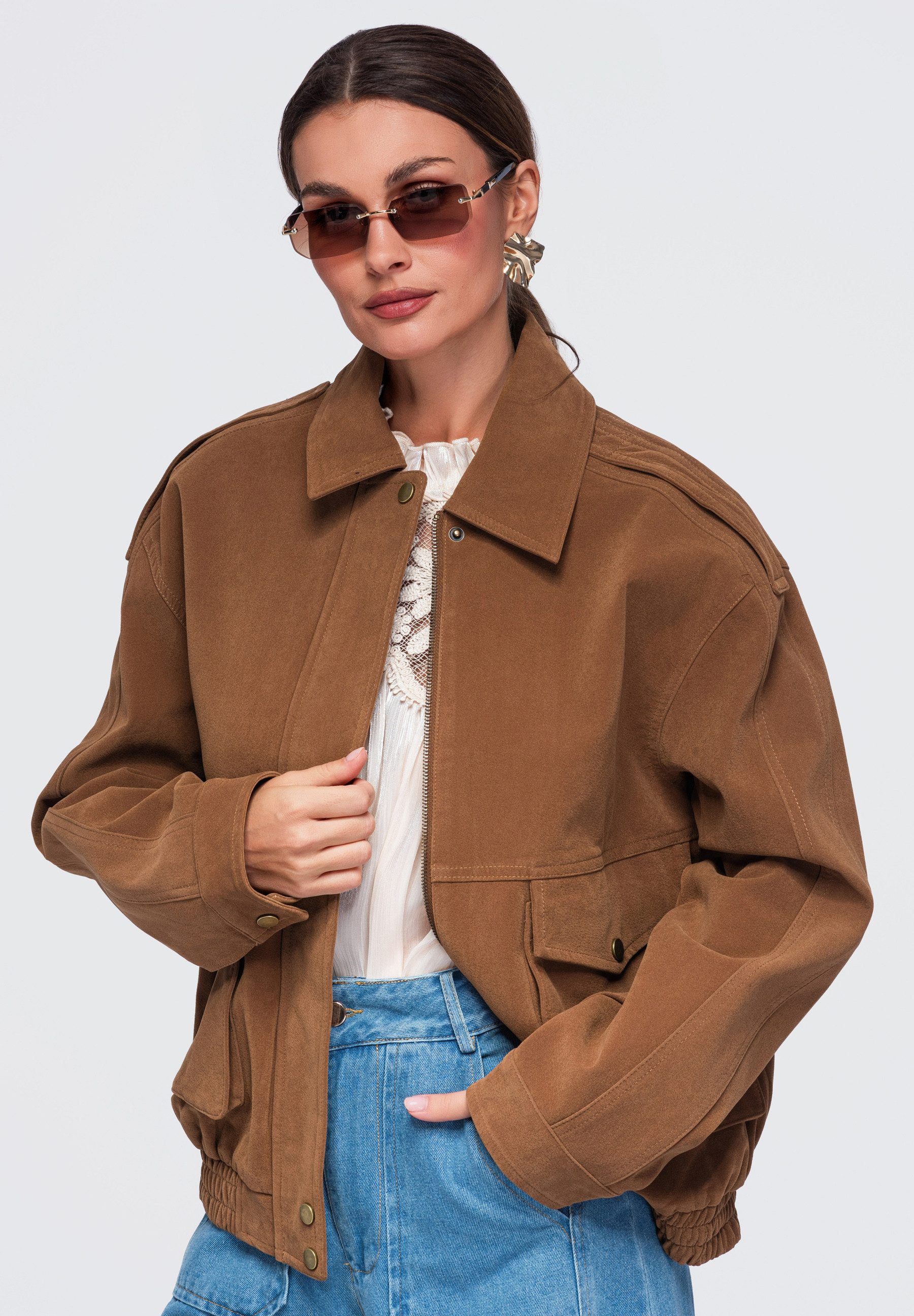 OMBRE Lederimitatjacke Damen Lederimitatjacke mit lässigem Schnitt Camel S/M (kein Set, 1-St) in Unifarbe