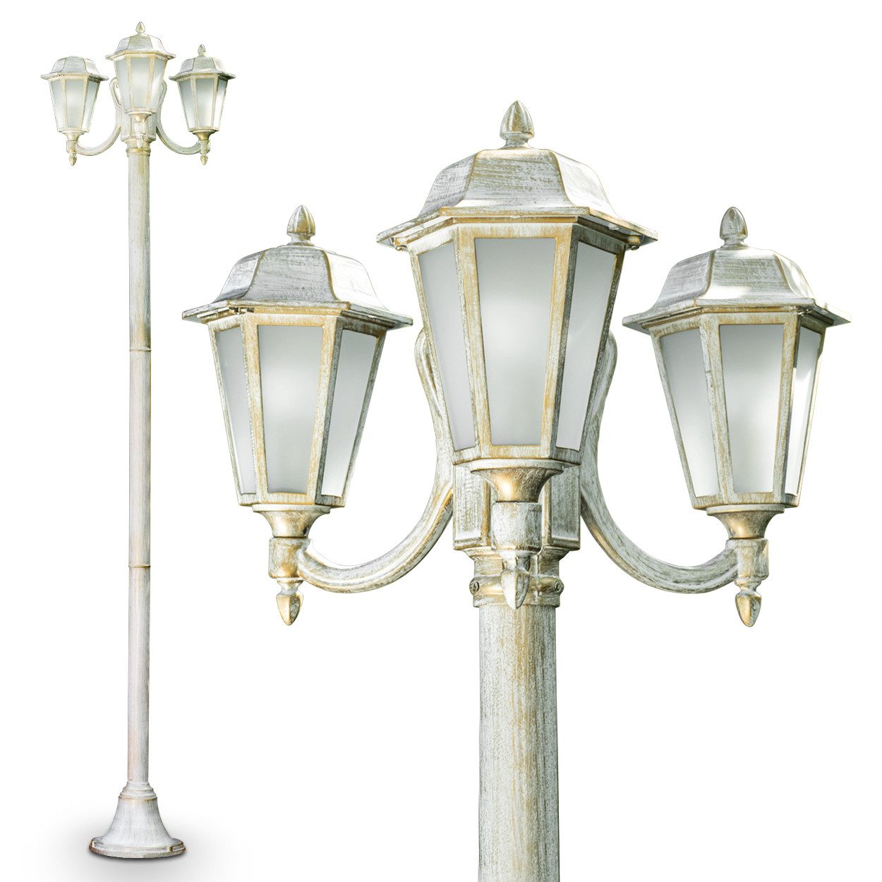 hofstein Außen-Stehlampe »Nurri« Außenleuchte Kandelaber in antikem Look, ohne Leuchtmittel, Aluguss in Weiß/Gold mit Milchglas-Scheiben, 3-armig 210cm, E27, IP44