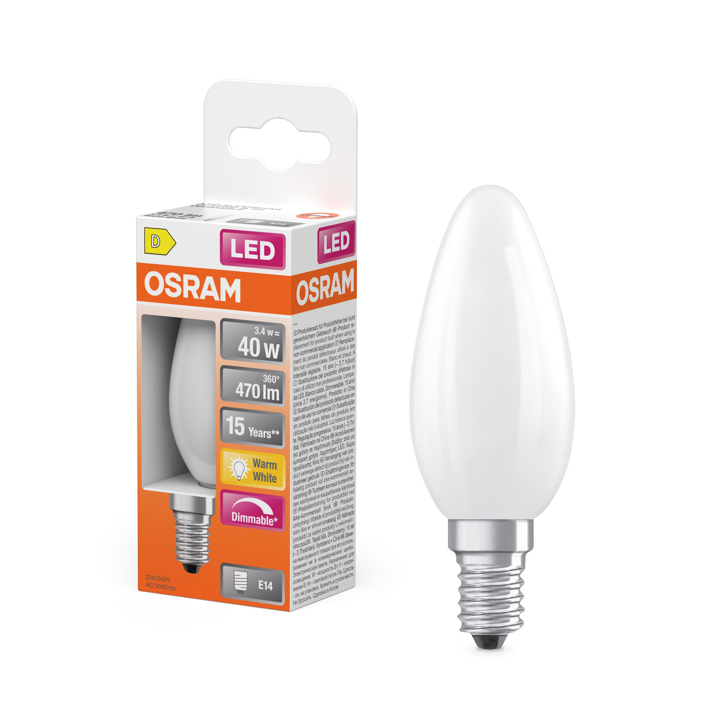 Osram LED-Leuchtmittel LED Retrofit CLASSIC Kerzenform, E14, 1 St., Warmweiß