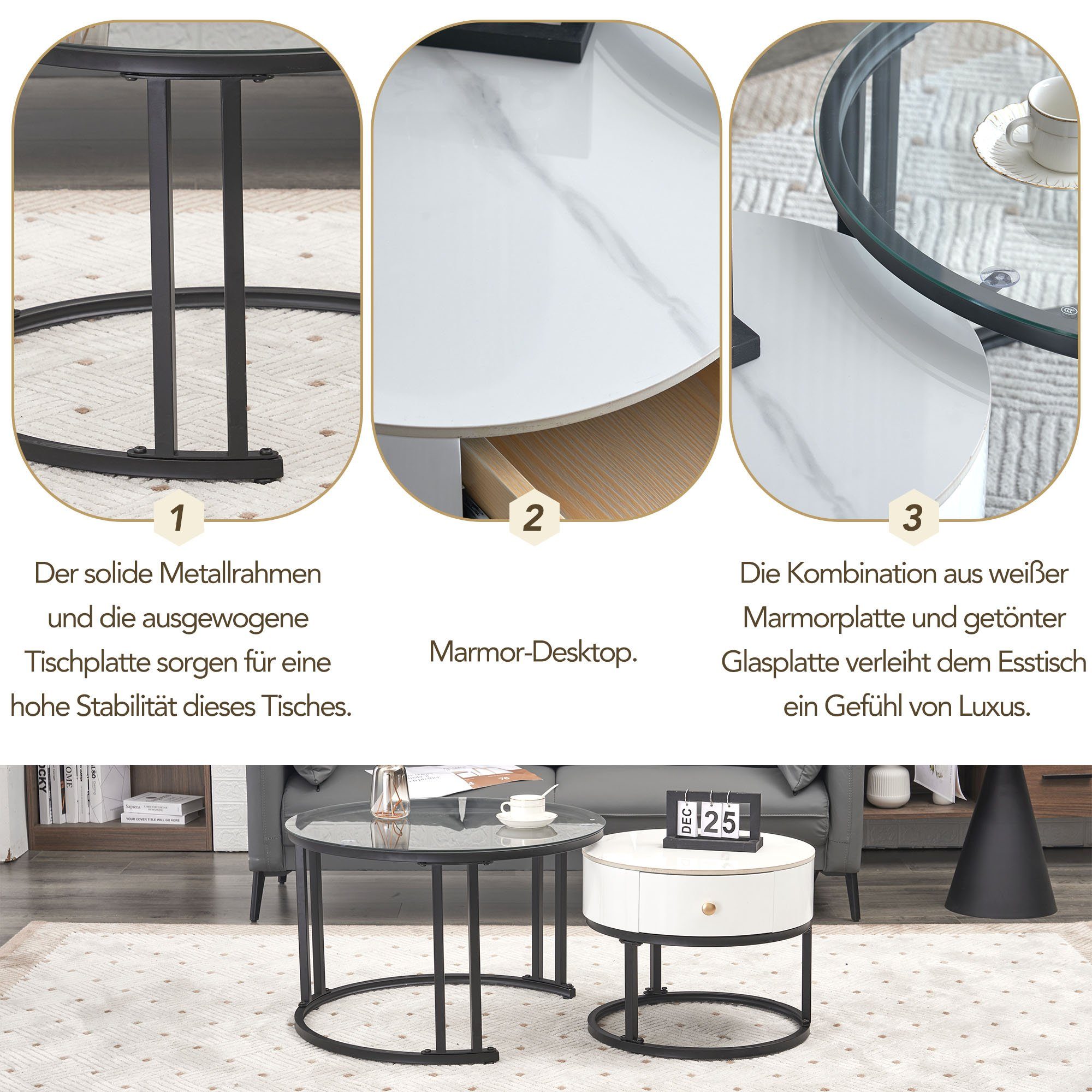 (2-St), Set Beistelltisch OKWISH und Marmor-Tischplatte 2er mit Couchtisch Metallrahmen Glasplatte Satztisch mit