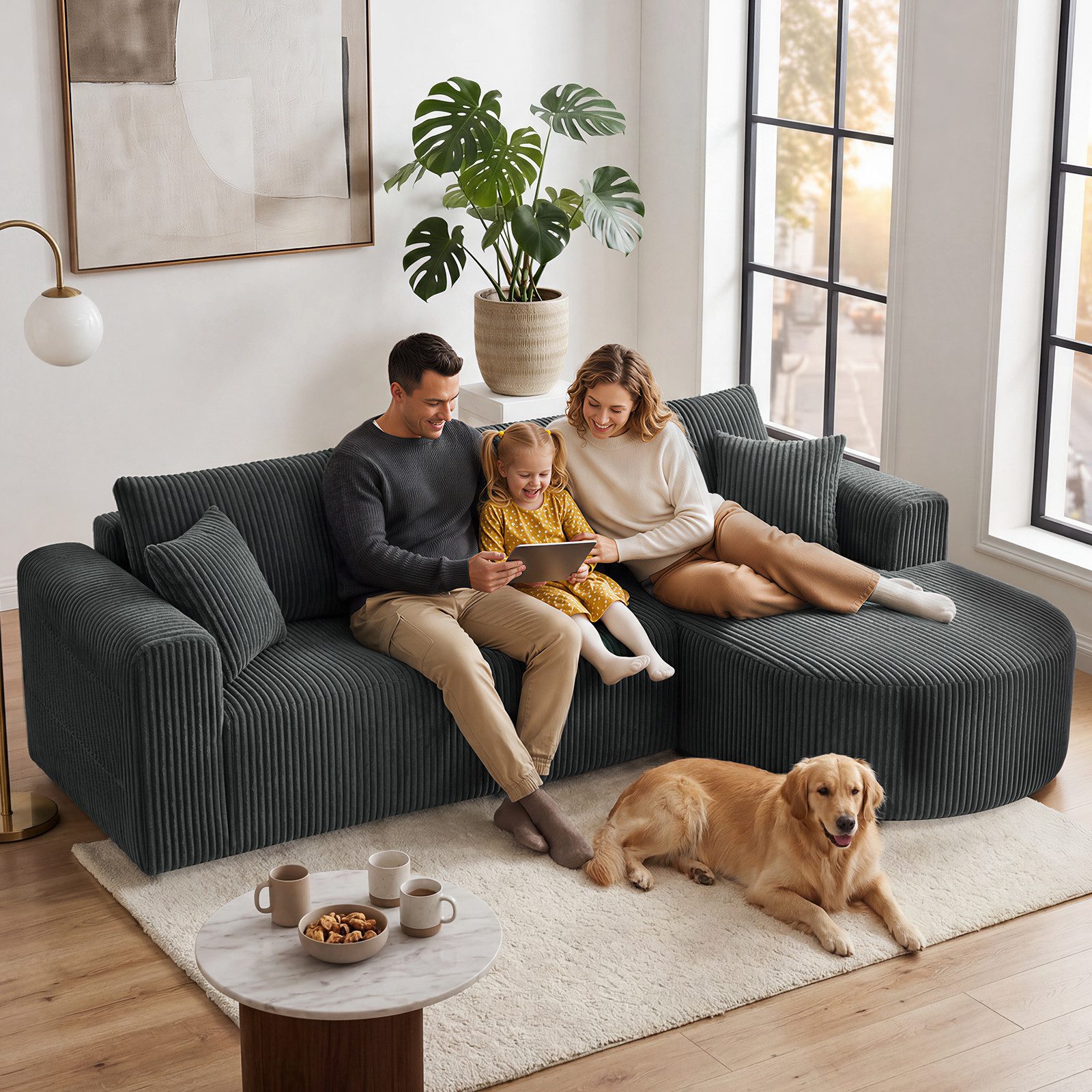 COMHOMA Sofa Ecksofa mit Schlaffunktion, Corduroy Modulares Boneless Couch, mit Chaiselongue, L-Form Schlafsofa, Sektionssofas mit Kissen & Seitentaschen