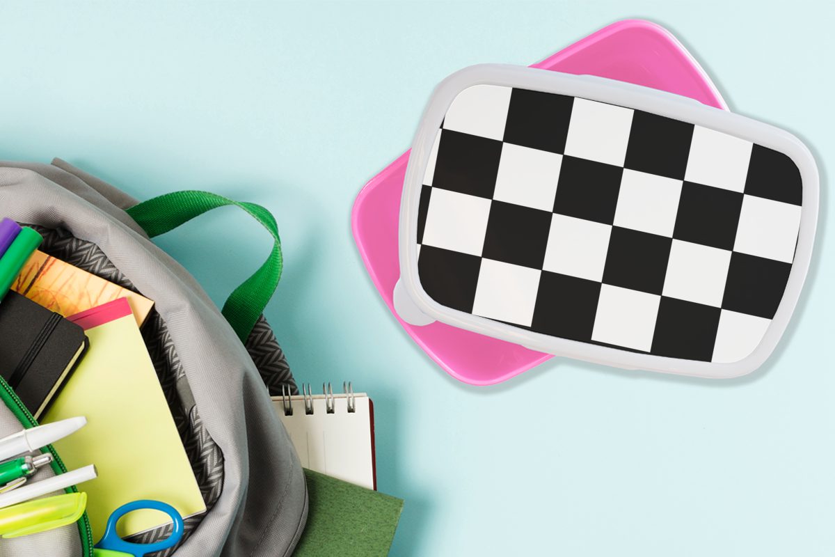 Erwachsene, Schwarz Schachbrett Kunststoff, Lunchbox Kunststoff Brotdose (2-tlg), für Snackbox, und Weiß, Muster rosa - - Kinder, MuchoWow Mädchen, Brotbox
