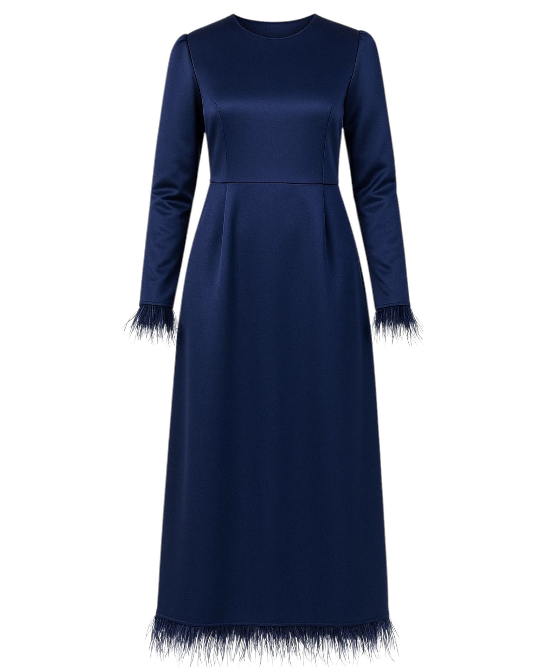 fashionshowcase Satinkleid Damen Abendkleid schlicht Abiye Abaya Modest Fashion Federdetails am Saum und an den Ärmelabschlüssen