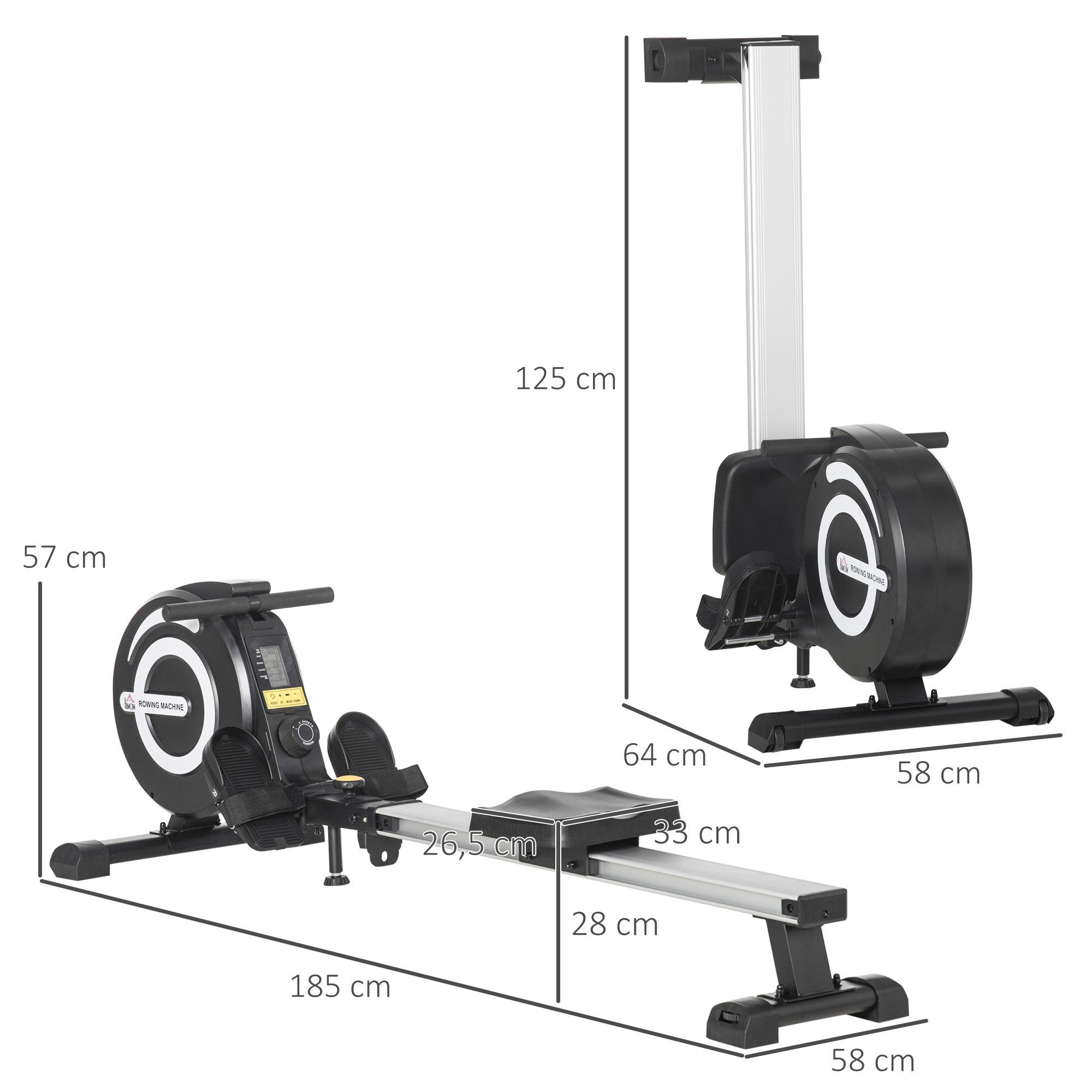 HOMCOM Rudergerät für Zuhause, Klappbar, mit 8 Stufen Magnetbremssystem, LCD-Anzeige (Rudermaschine, 1-tlg., Fitnessgerät), für Ganzkörpertraining, Alu, Schwarz