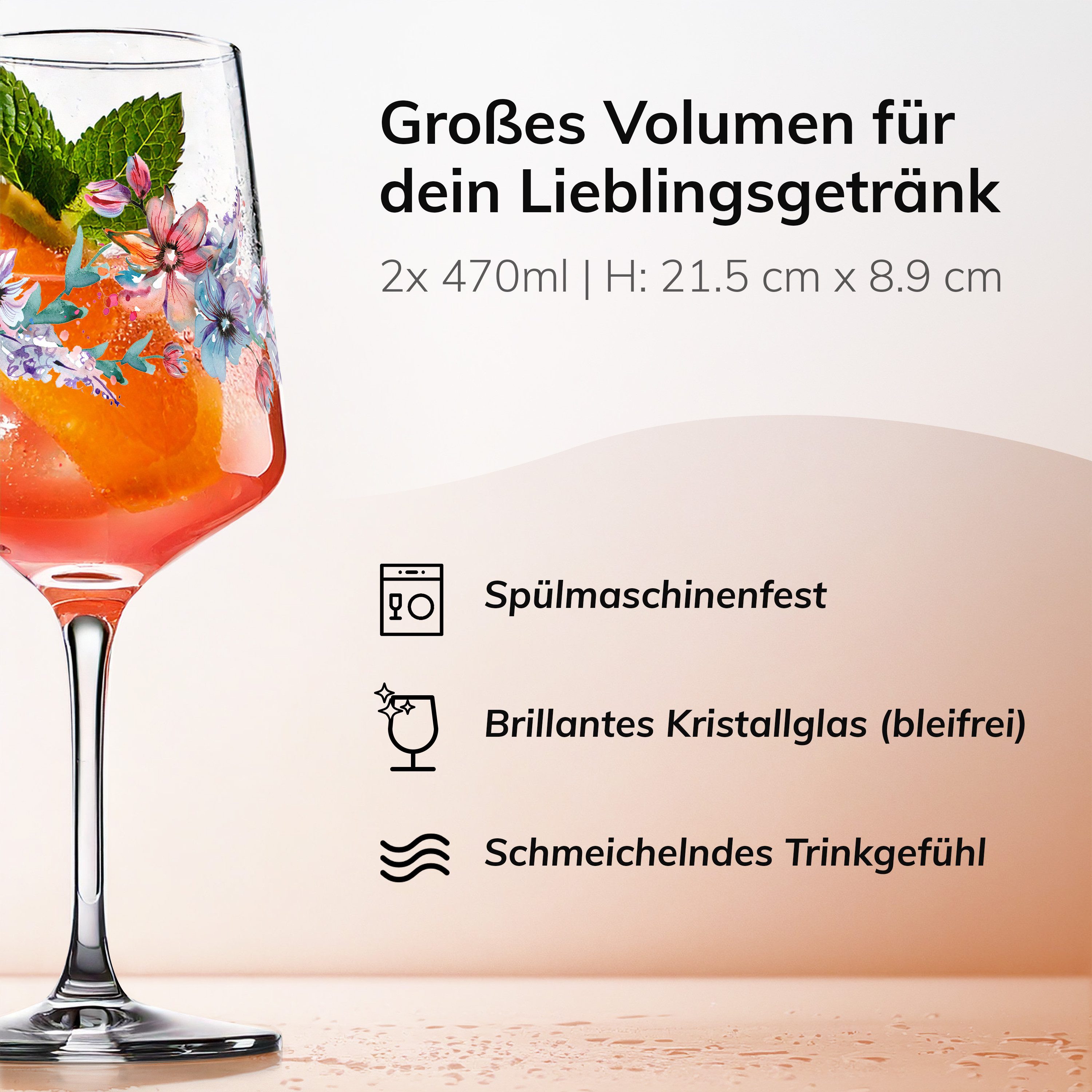 ElbFuchs Aperitifglas Spring Harmony mit Blütenmotiv, 2-tlg., Borosilikatglas, 470 ml, Spülmaschinenfest