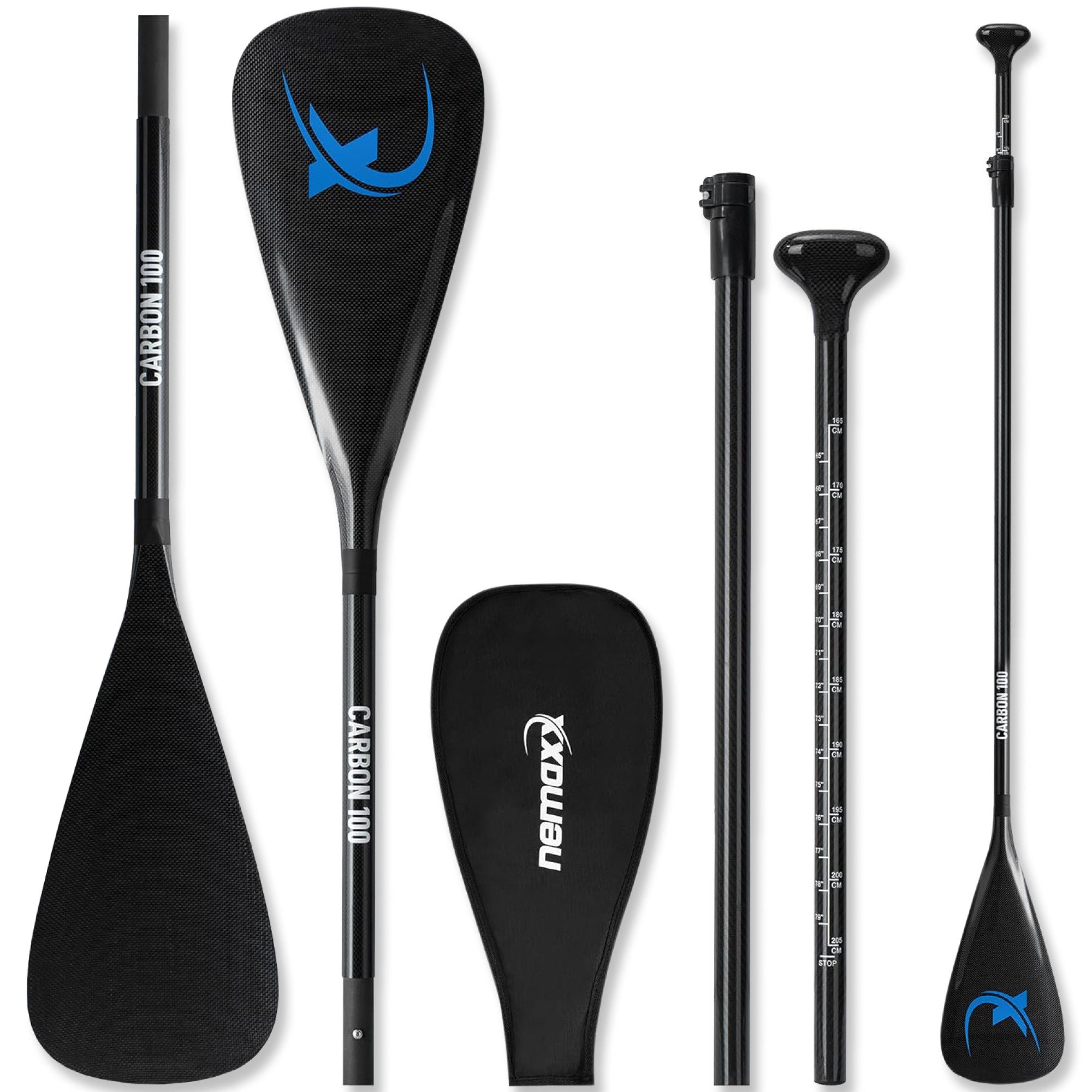 NEMAXX NCP100 SUP Paddel – 3-teilig – Carbon – 173–217 cm – 620g - mit Tasche Schlauchbootpaddel, Carbon Paddel für Stand-up Paddel Board