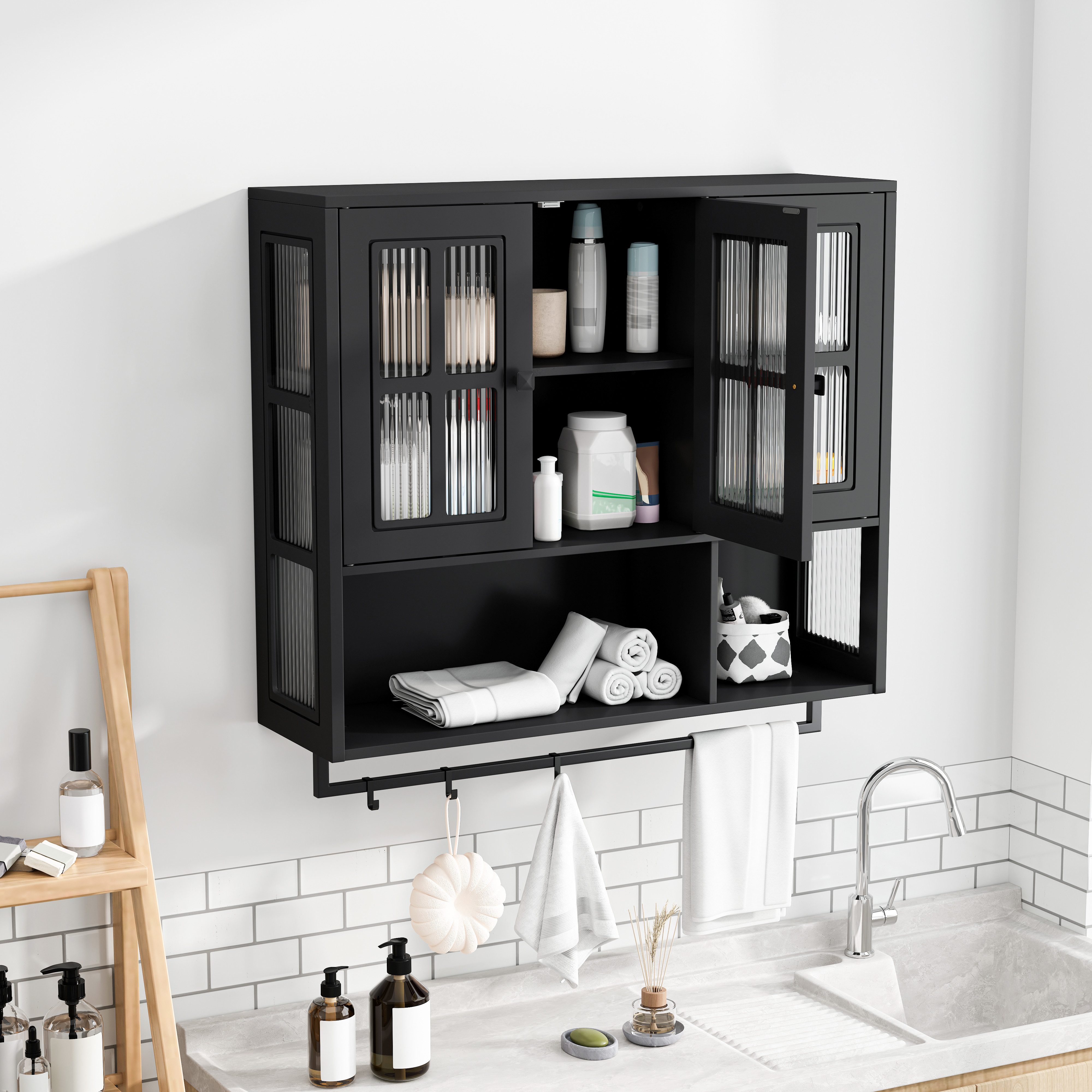 STILVORA Hängeschrank mit Glastür&Handtuchhalter,Wandschrank Badezimmerschrank mit Stauraum