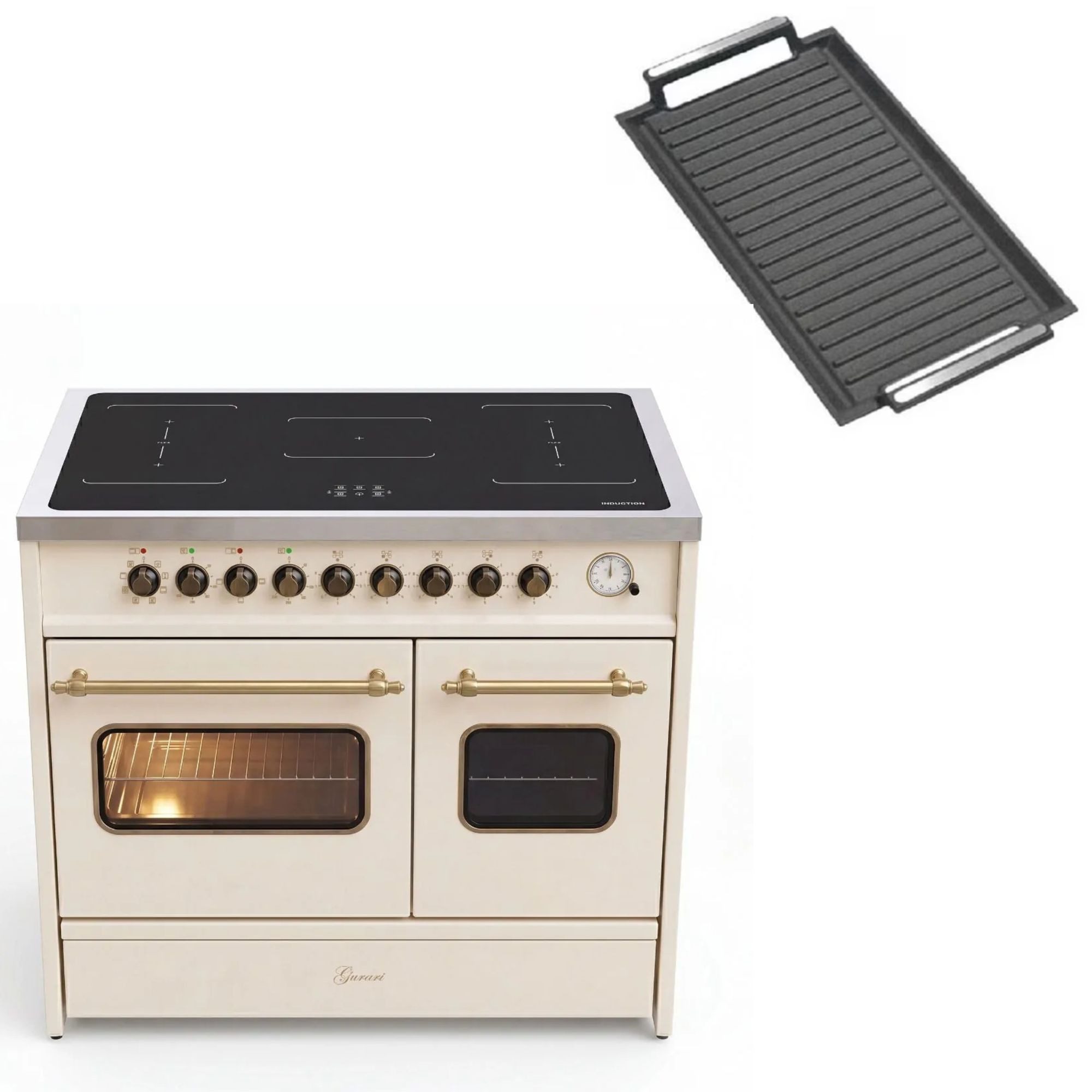 GURARI Induktions-Standherd Retro Elektro Standherd 90 cm, Range Coocker mit FLEX Induktion und 2 Backofen GCH E 913 DF CR+Grillplatte   , mit 1-fach-Teleskopauszug