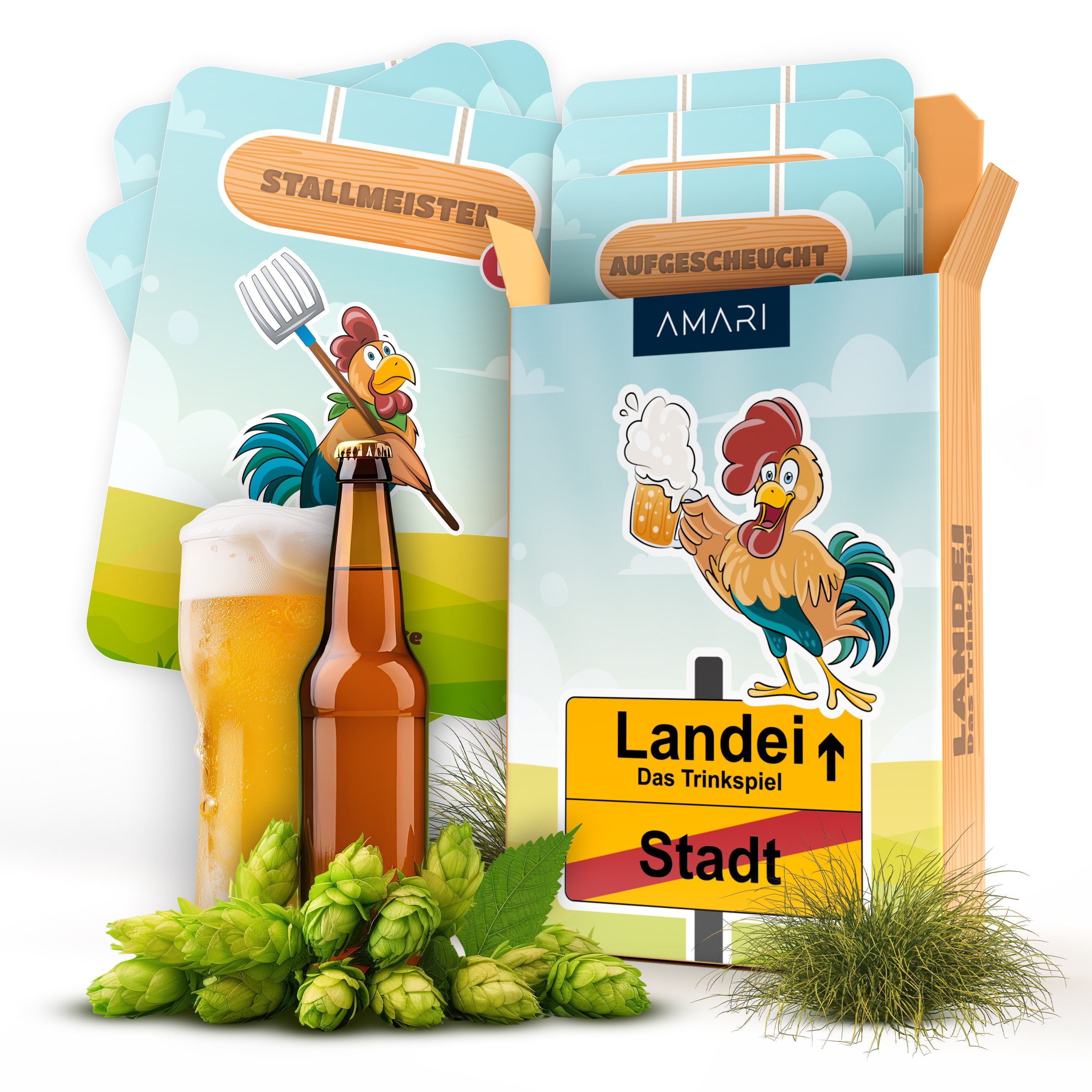 Amari Spiel Landei Trinkspiel, 55 Karten, Partyspiel für 2 bis 8 Spieler, ab 18, JGA, Geburtstag, Silvester, Festival, WG-Party, 5 Kategorien, Geschenk
