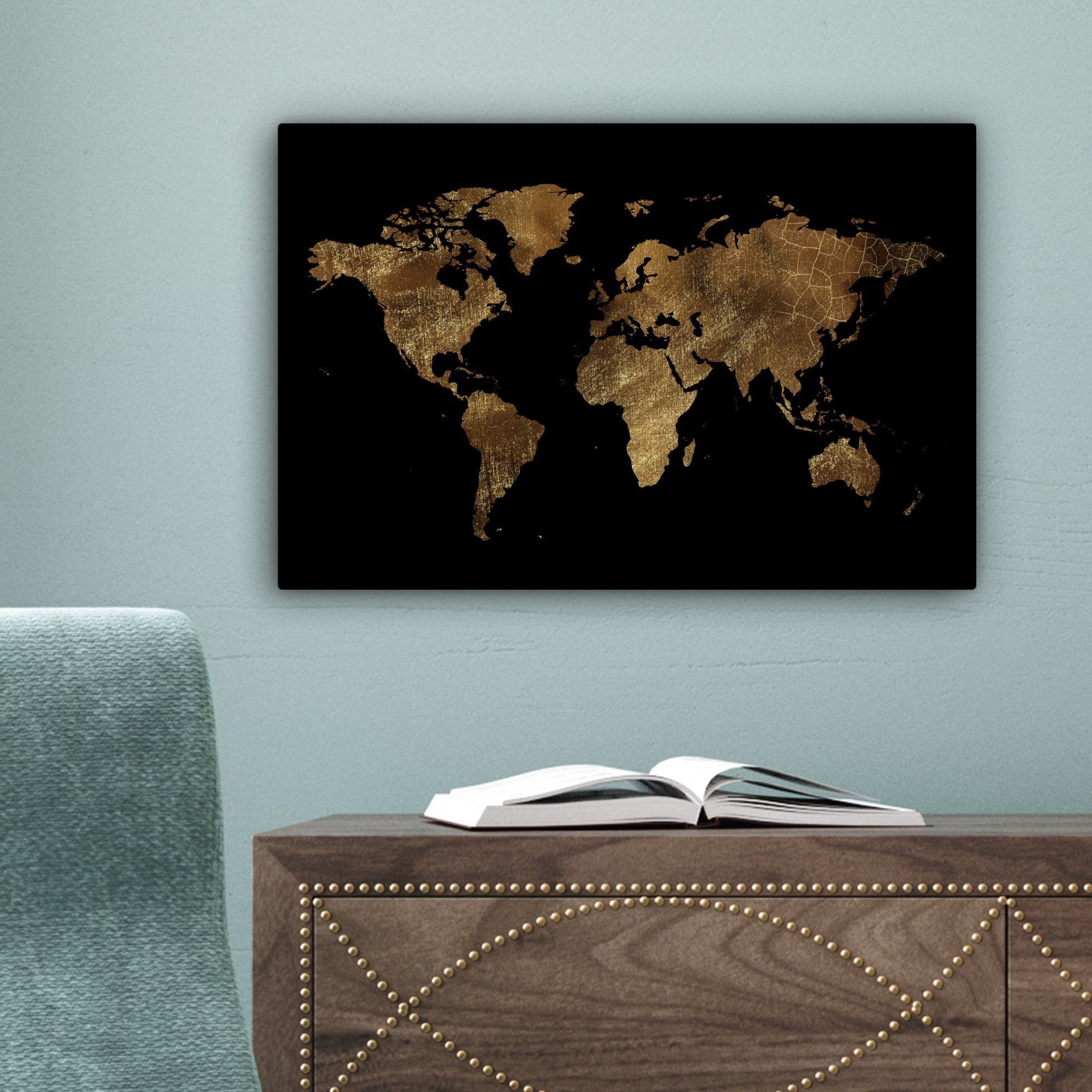 OneMillionCanvasses® Leinwandbild Weltkarte - Gold Luxus Erde (1 Leinwandbilder, - Wandbild Wanddeko, Aufhängefertig, - St), cm Schwarz, - 30x20