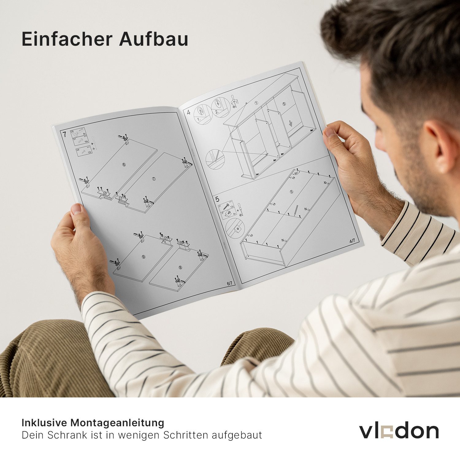 Vladon Aktenschrank Logan V2 (Aktenschrank, mit 5 Fächern und 4 Türen) Weiß matt/Eiche Natur (82 x 184 x 37 cm) – Bild 5 von 5