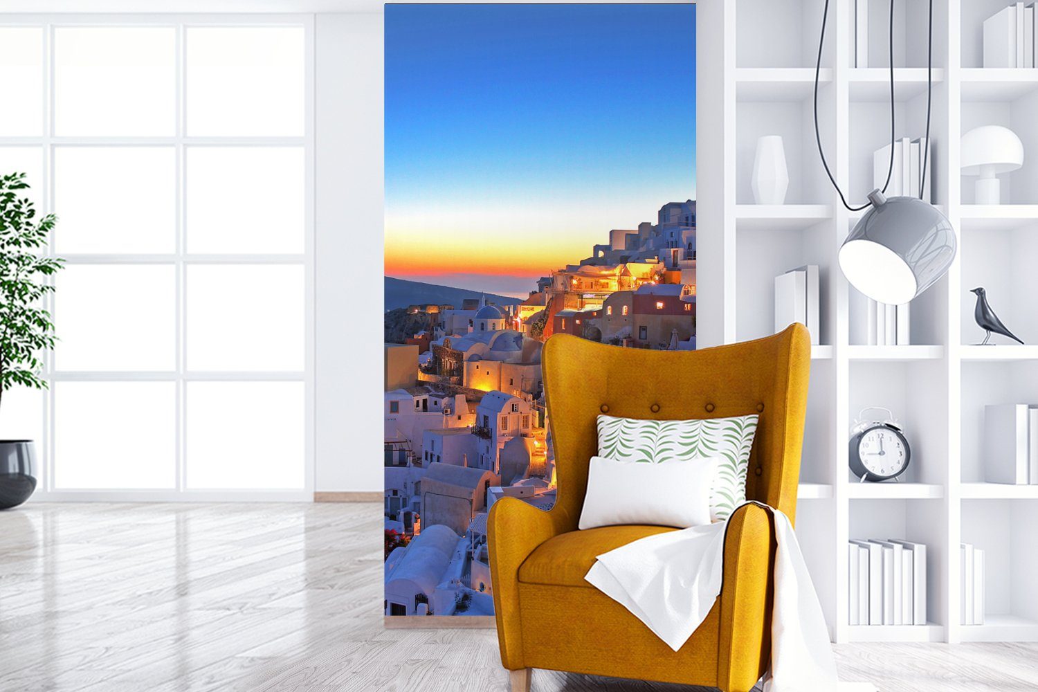 Sonnenuntergang in MuchoWow Oia Santorini Matt, Küche, St), Wohnzimmer Griechenland, Vliestapete bedruckt, mit (2 Fototapete für Schlafzimmer farbenprächtigem Fototapete