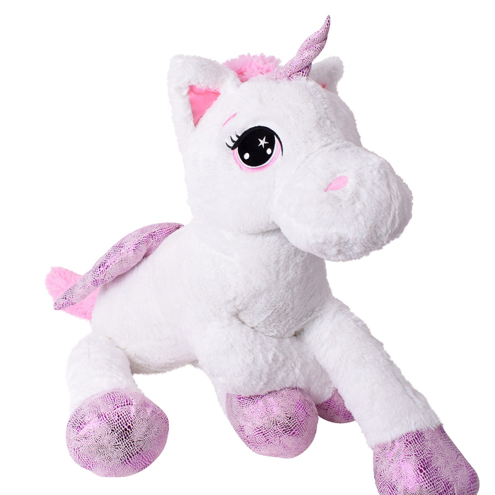 TE-Trend Kuscheltier Einhorn 130 cm XXL Plüscheinhorn Plüschtier Unicorn weiß, mit lila Glitzerelementen