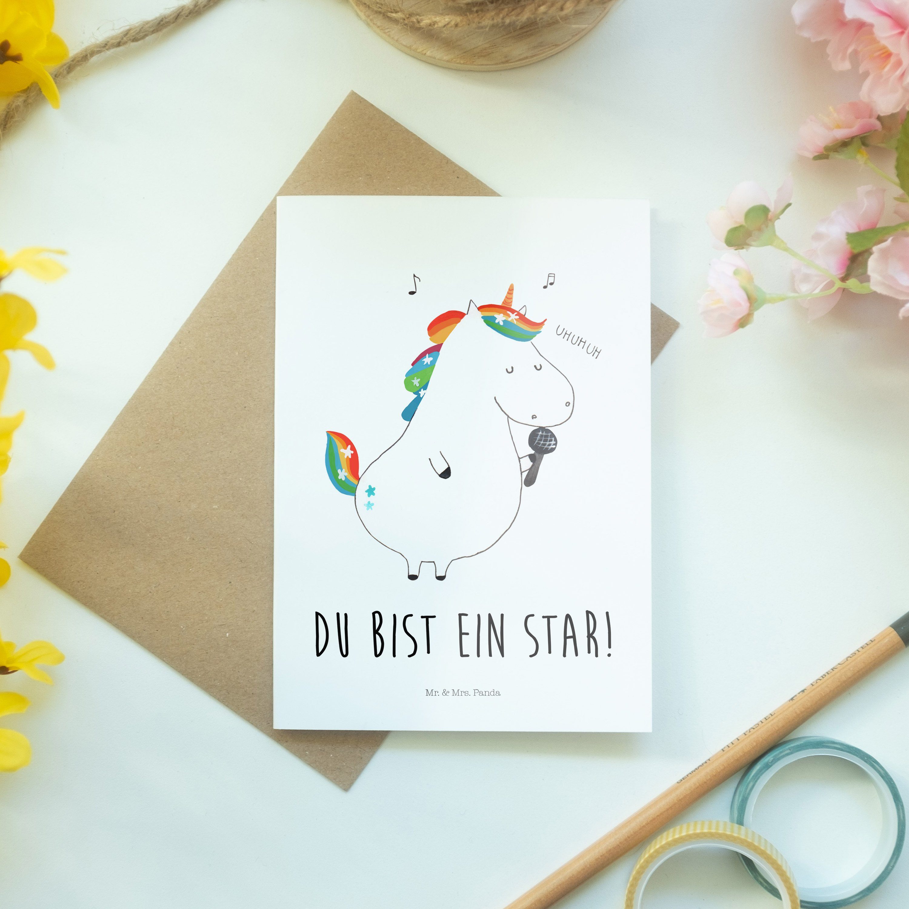 Geburtstagskarte Mrs. & Sänger Einhorn - Einhörner, - Karte, Mr. Weiß Geschenk, Panda Grußkarte