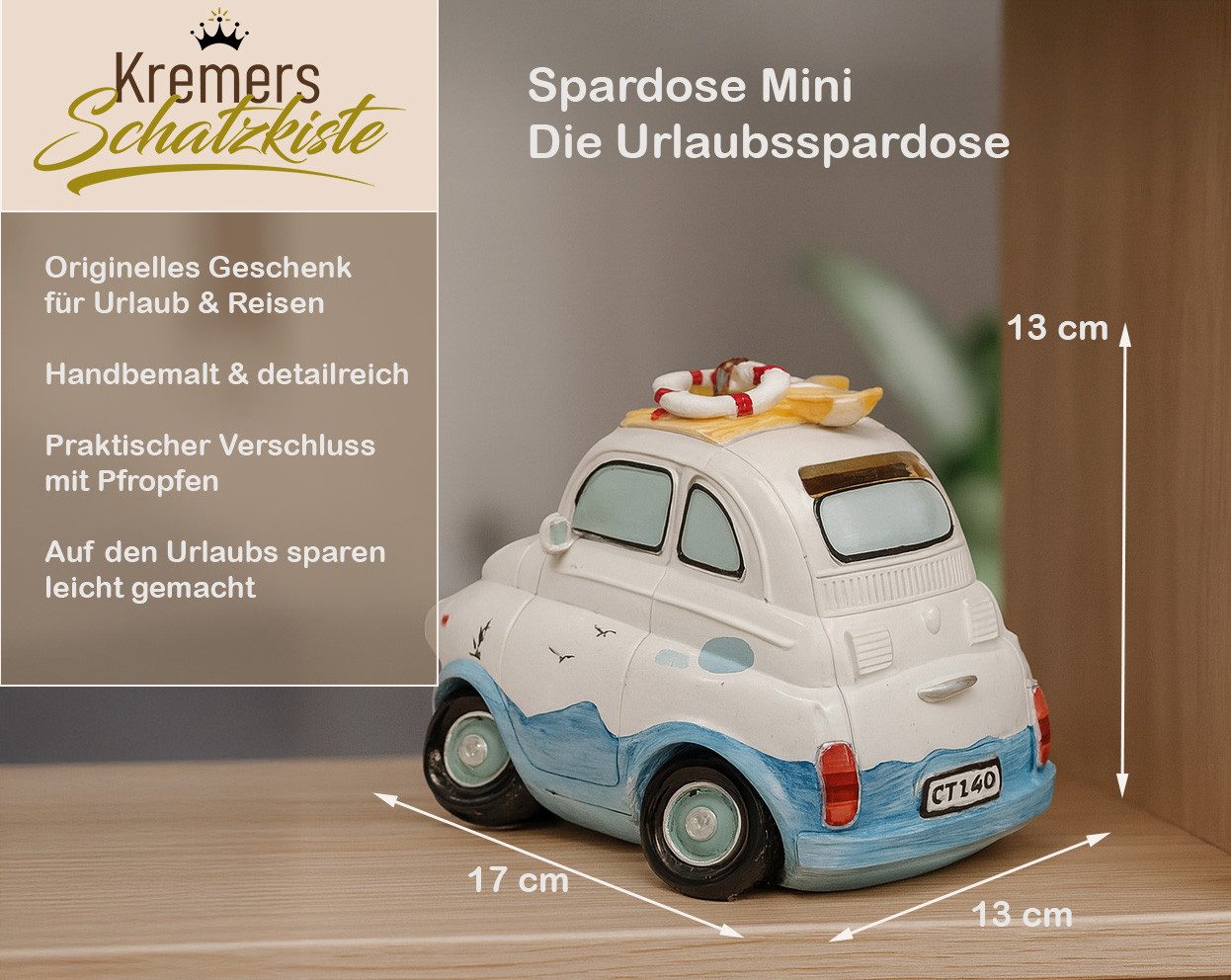 Kremers Schatzkiste Spardose Mini Auto Urlaubskasse 17cm Coole Strand Spars günstig online kaufen