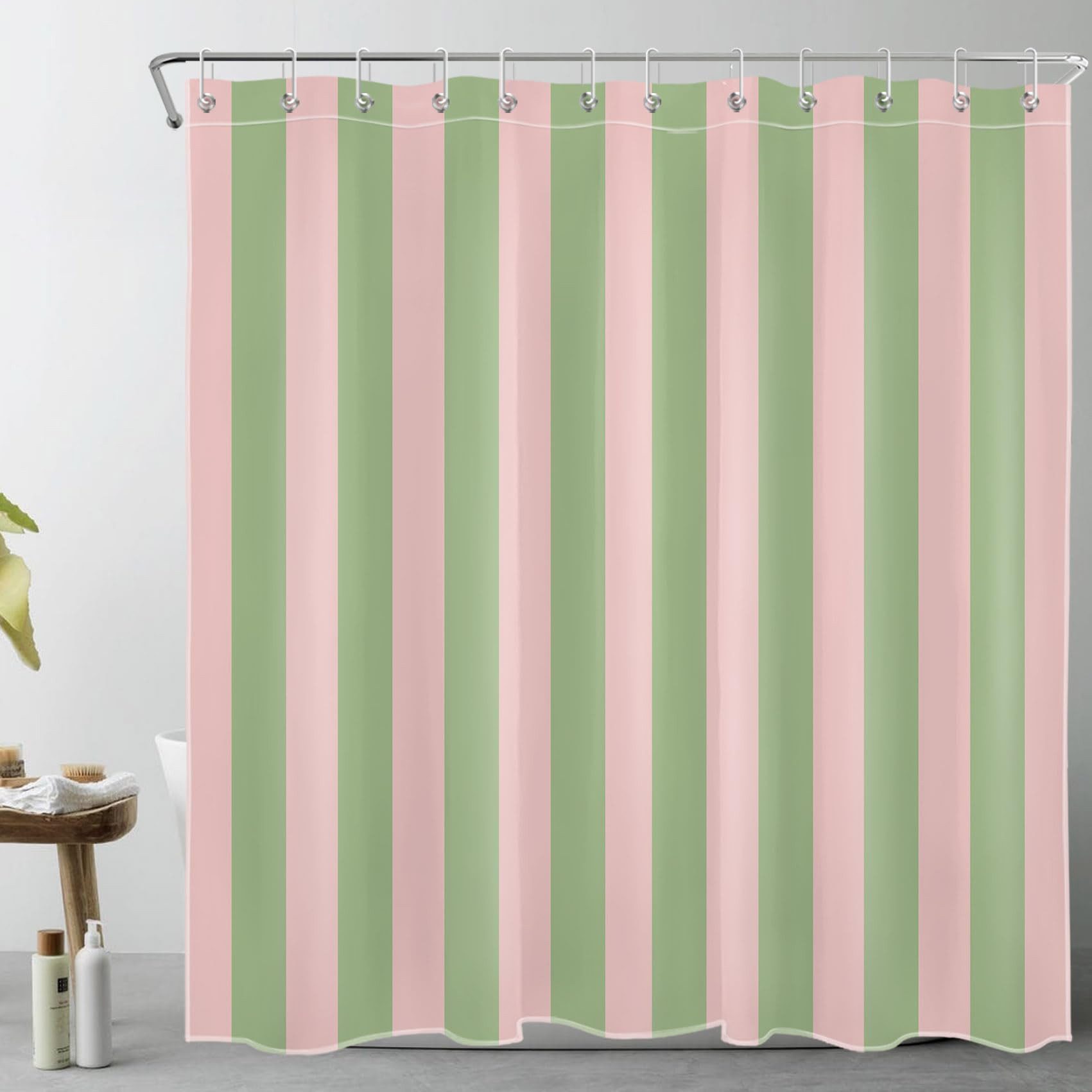 FOUORTUNATE-BEE Duschvorhang Grün und Rosa gestreift Duschvorhang Antischimmel Wasserdicht Breite 180 cm (Badezimmer Vorhänge Moderne Kunst Polyester Stoff, Bad Vorhang mit Haken)